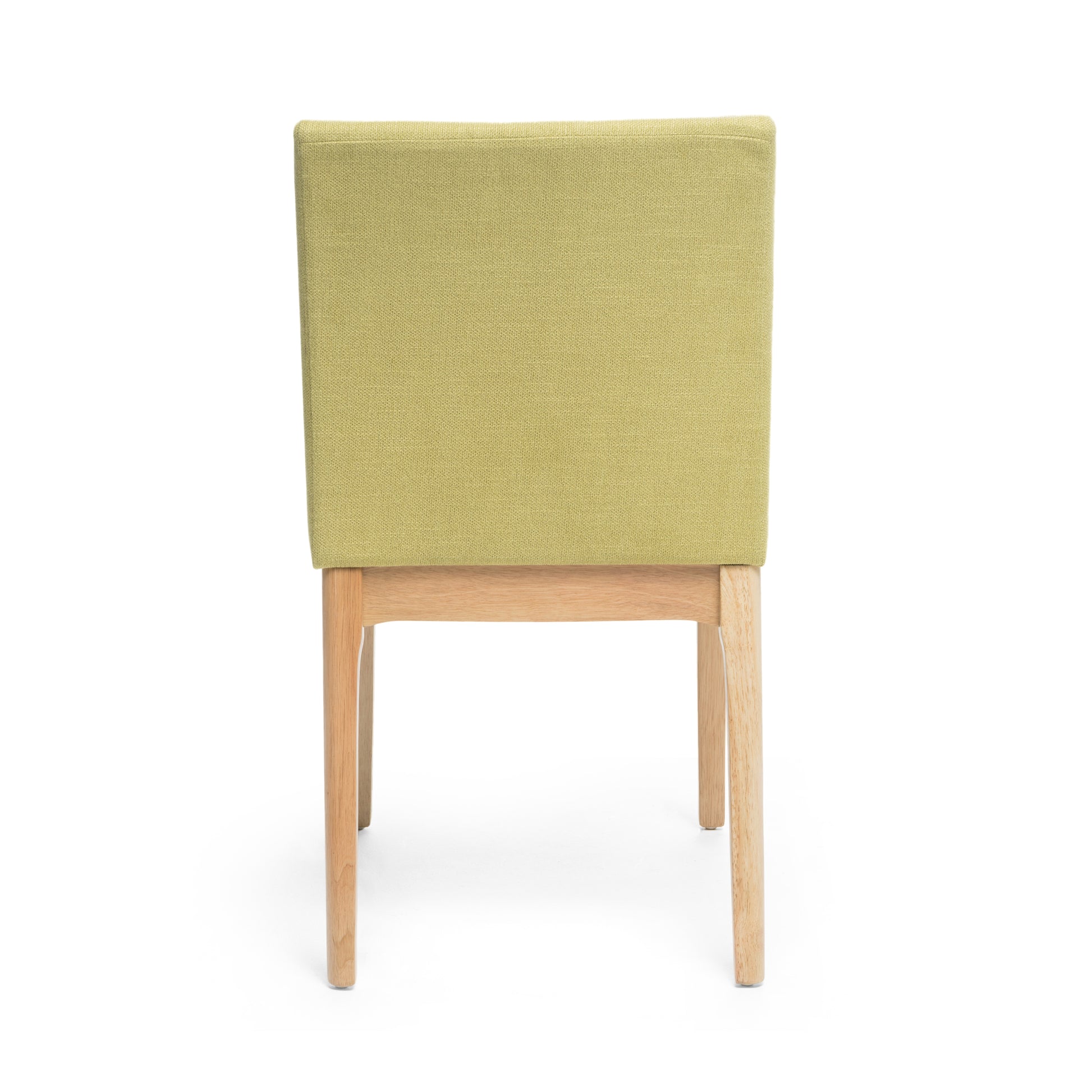 Back view of a light green upholstered dining chair with natural wood legs