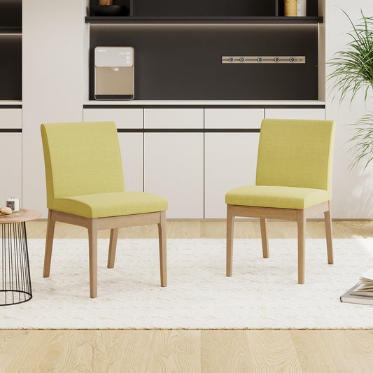 Yellow upholstered dining chair with light wood legs