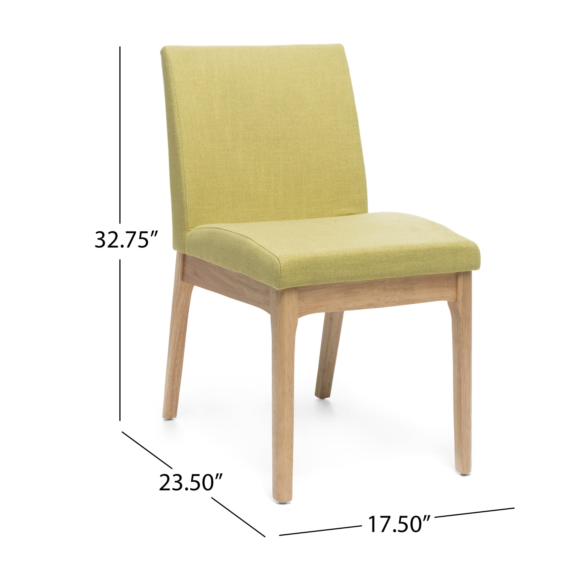 Modern upholstered dining chair in a light green fabric with light wood legs
