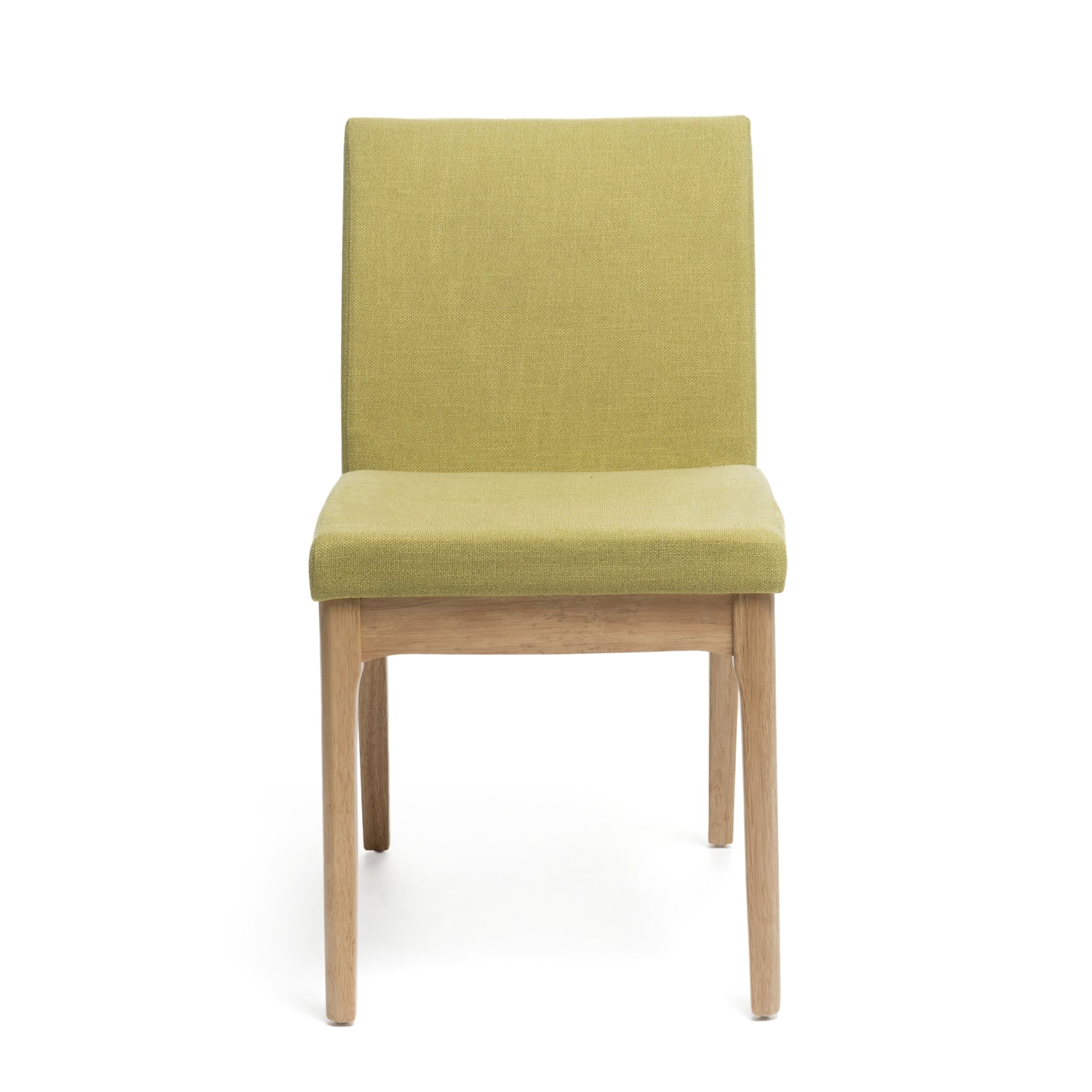 Modern dining chair with lime green fabric upholstery and light wood legs
