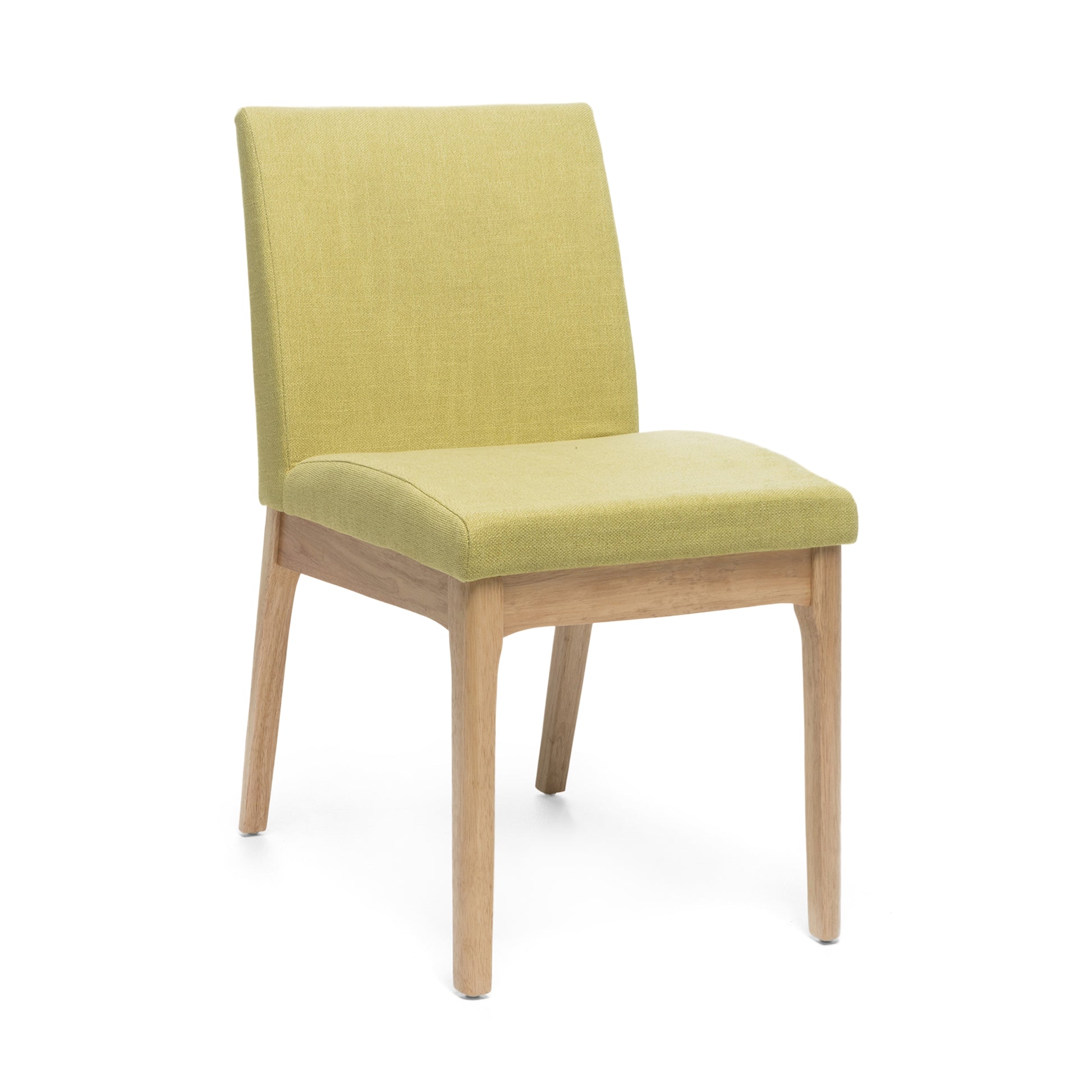 Modern upholstered dining chair with light green fabric and natural wood legs