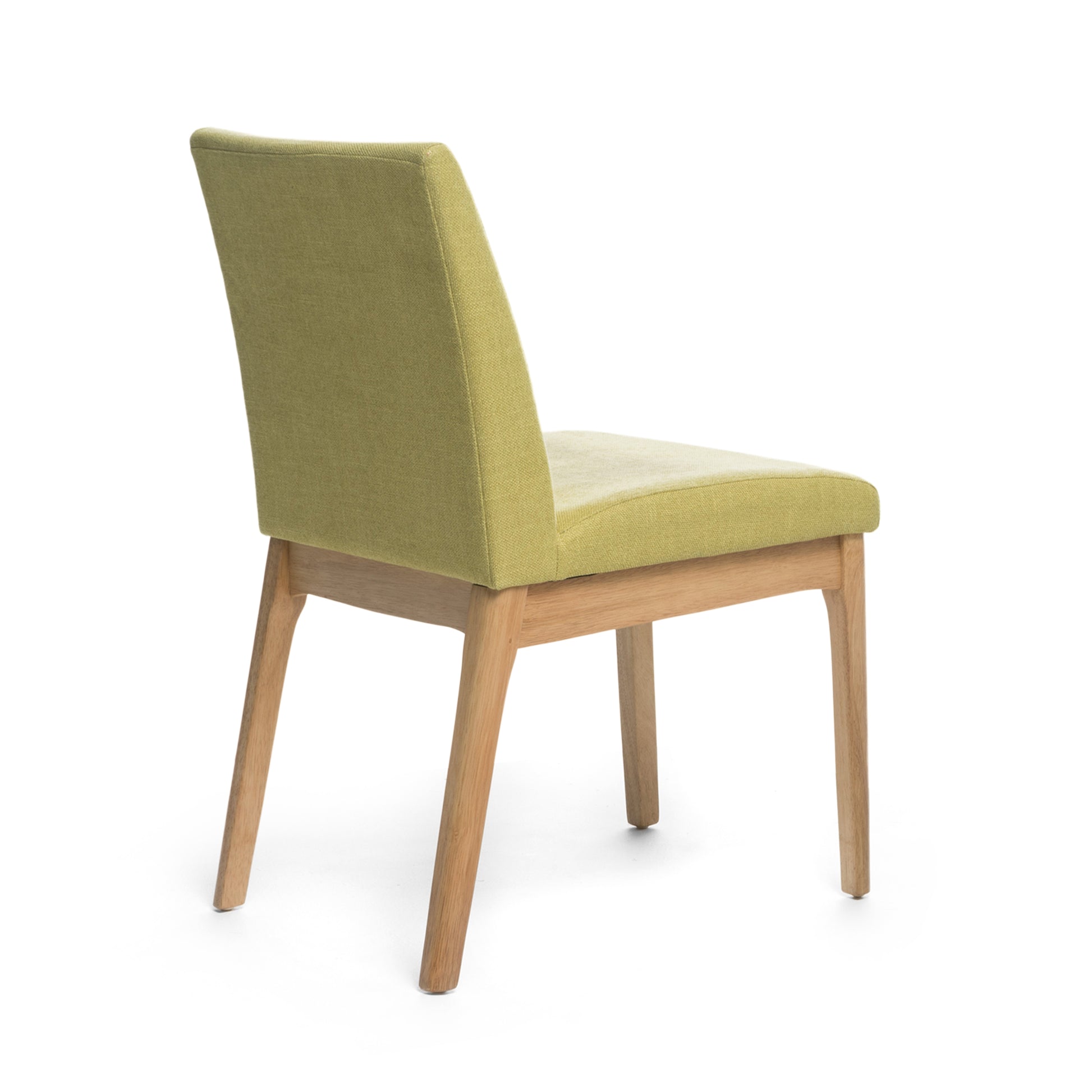 Upholstered dining chair with lime green fabric and natural wood legs