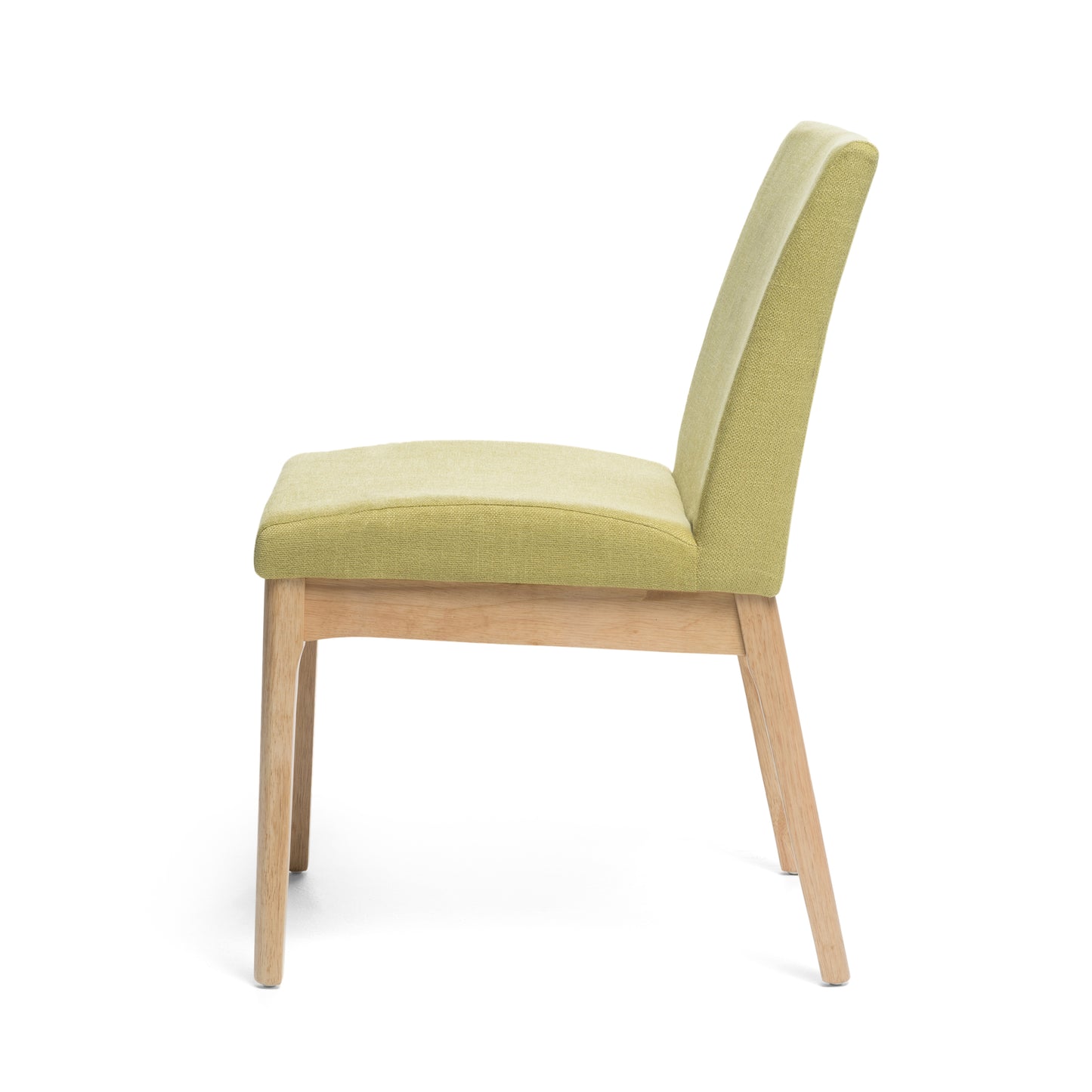 Modern side chair with light green fabric upholstery and natural wood legs