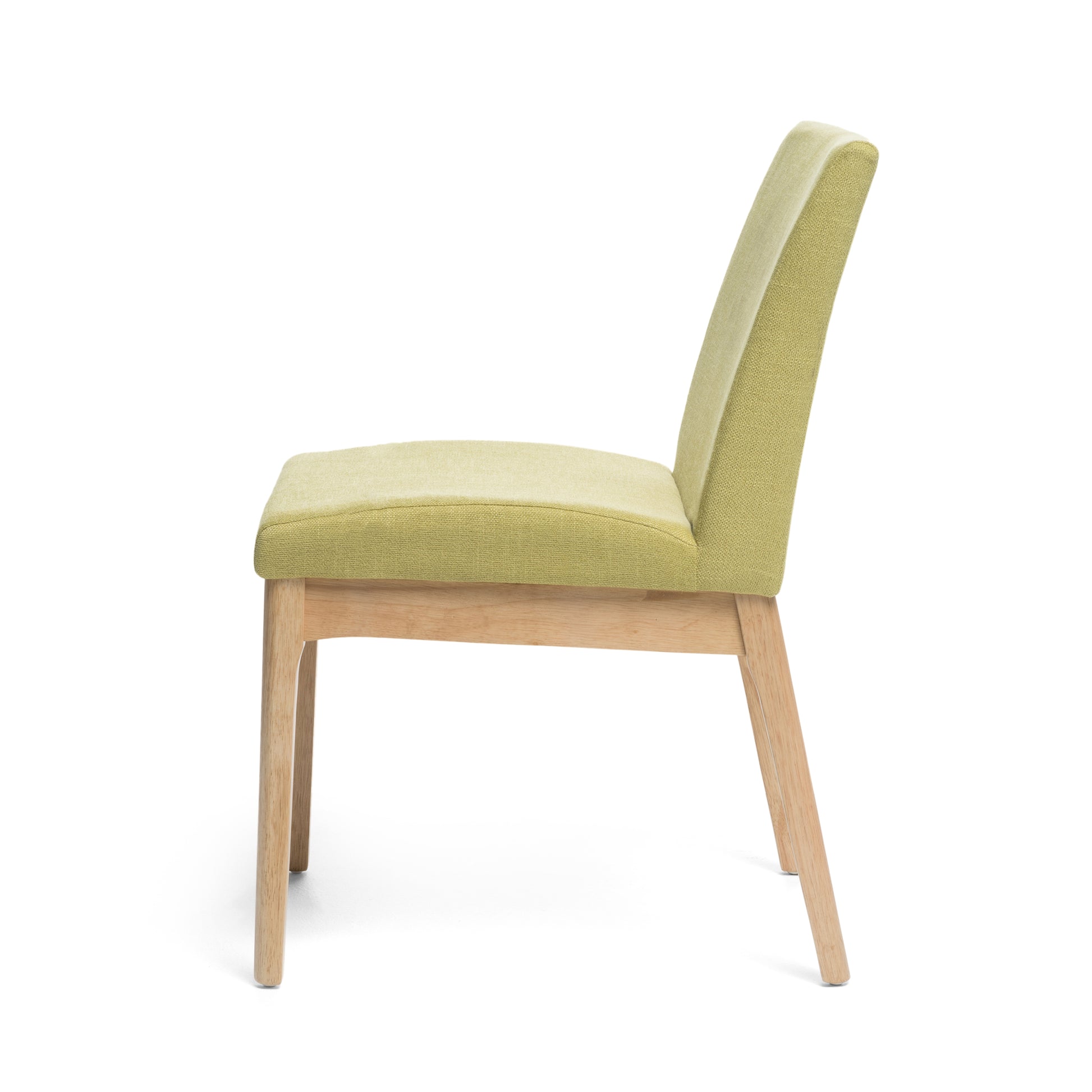 Modern side chair with light green fabric upholstery and natural wood legs