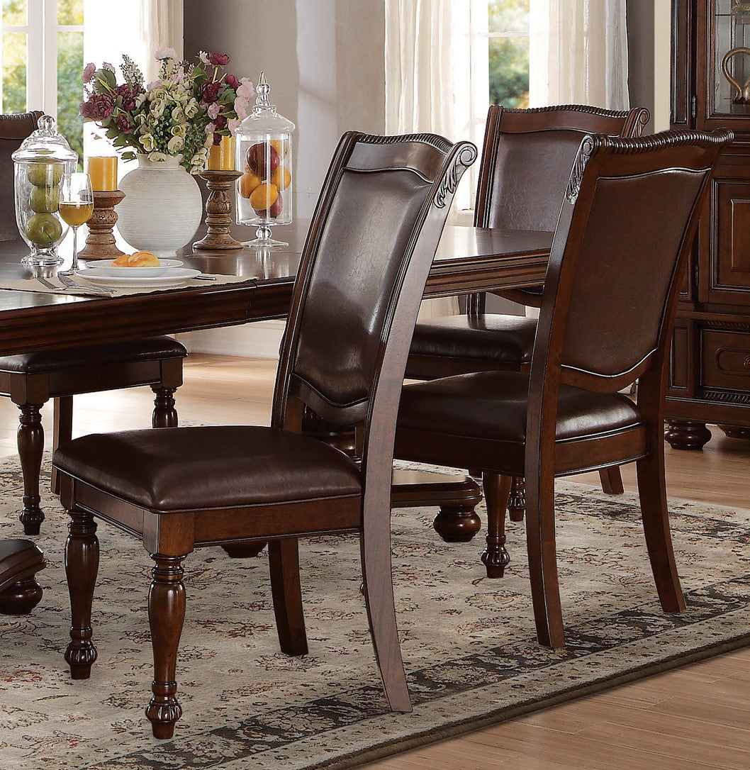Classic dark brown leather dining chair with carved wooden details