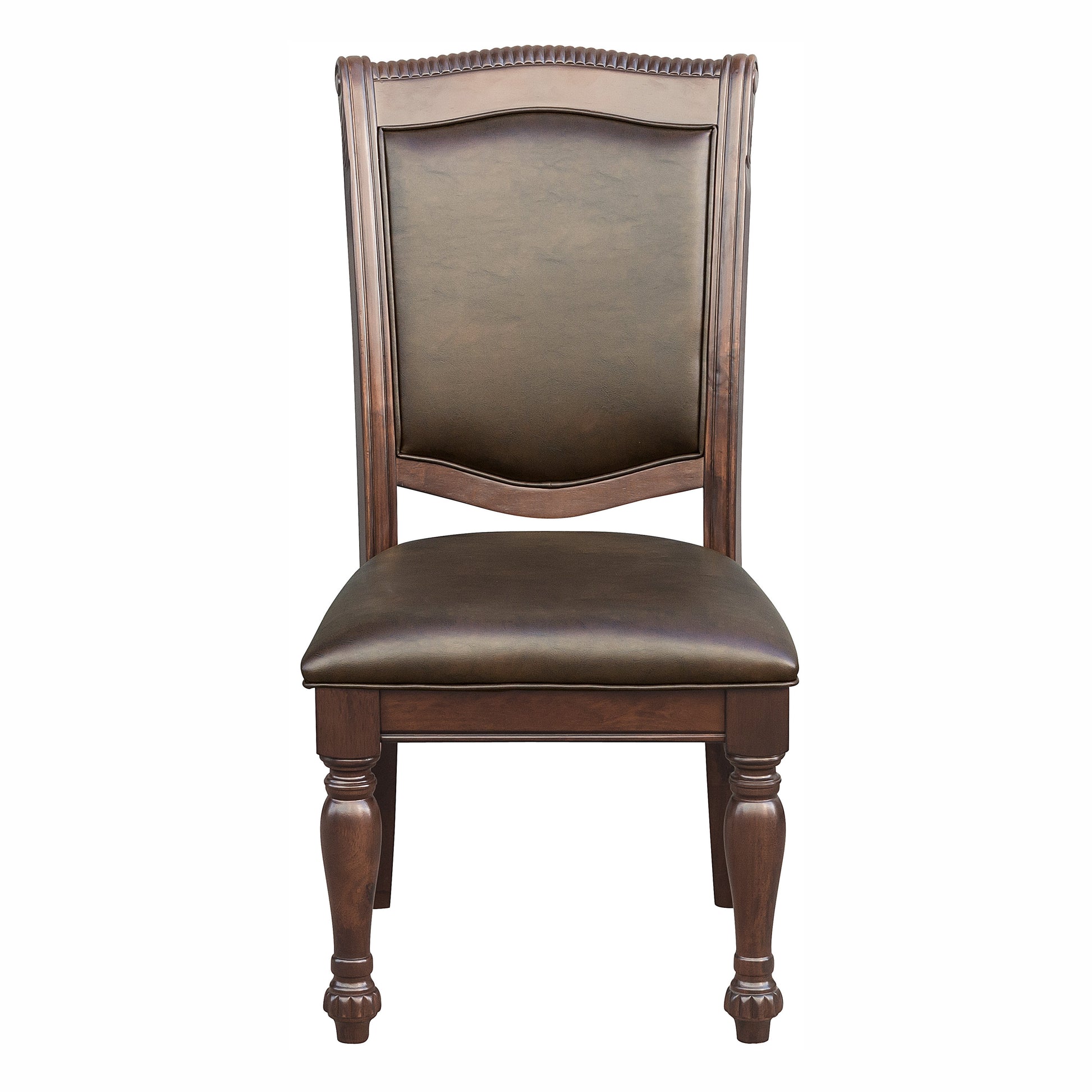 Dark brown upholstered wooden dining chair with carved legs and back