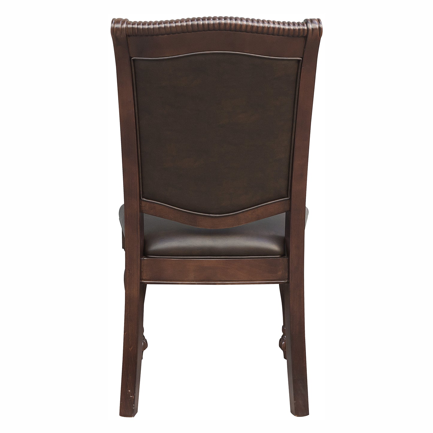 Dark brown upholstered dining chair with carved wooden frame