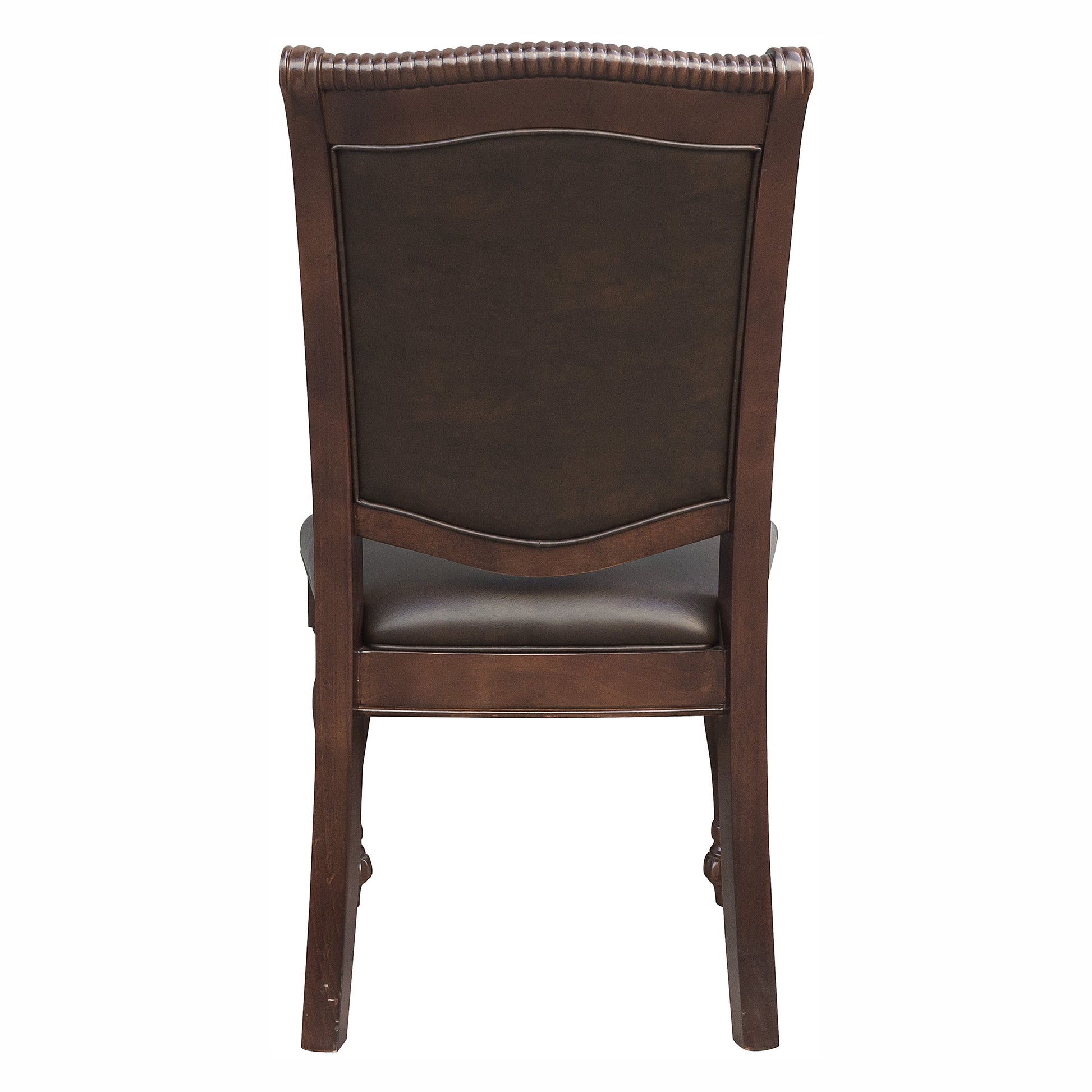 Dark brown upholstered dining chair with carved wooden frame