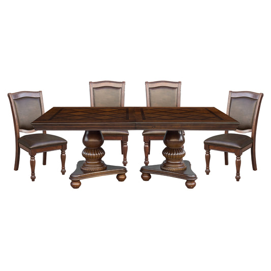 Dark wood dining table with four upholstered chairs