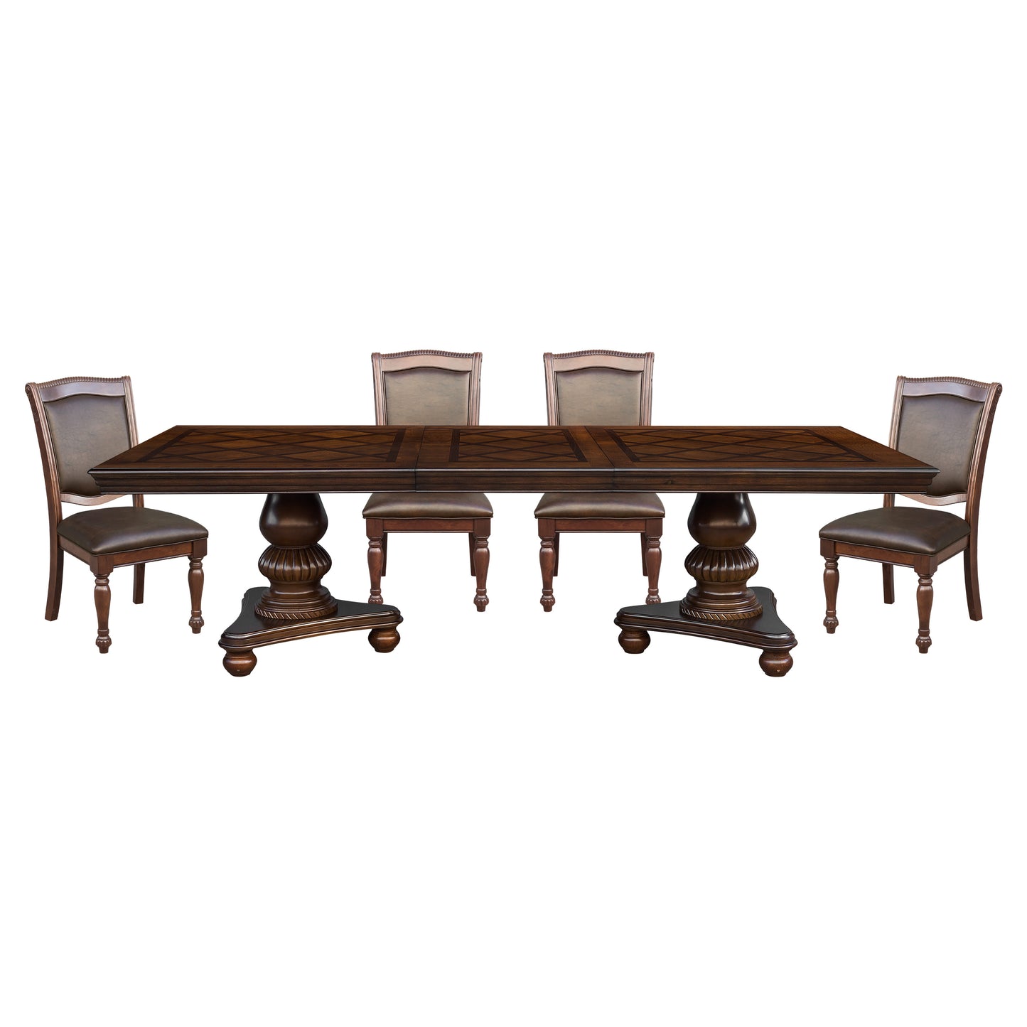Elegant dark wood dining table with carved pedestal base and upholstered chairs