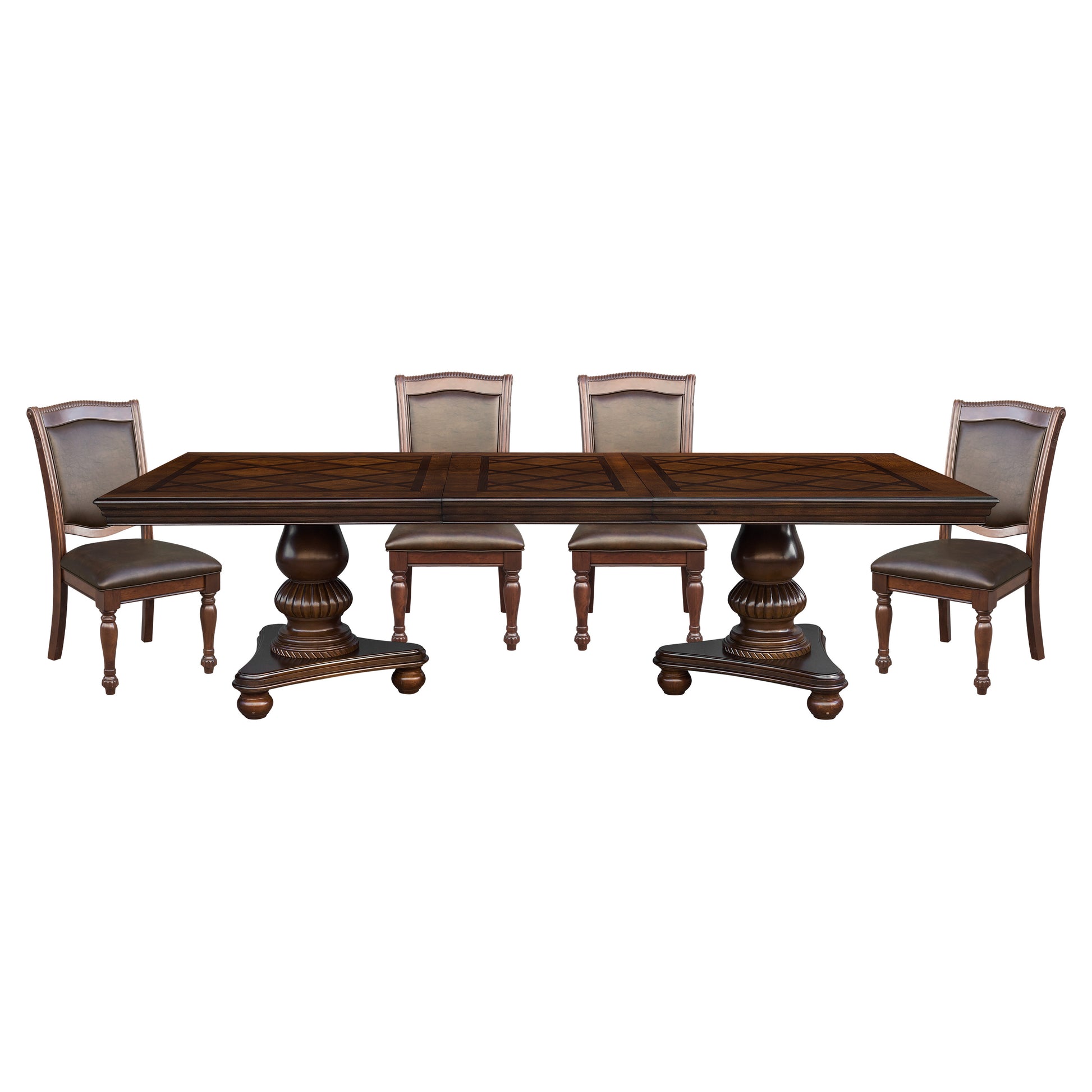 Elegant dark wood dining table with carved pedestal base and upholstered chairs