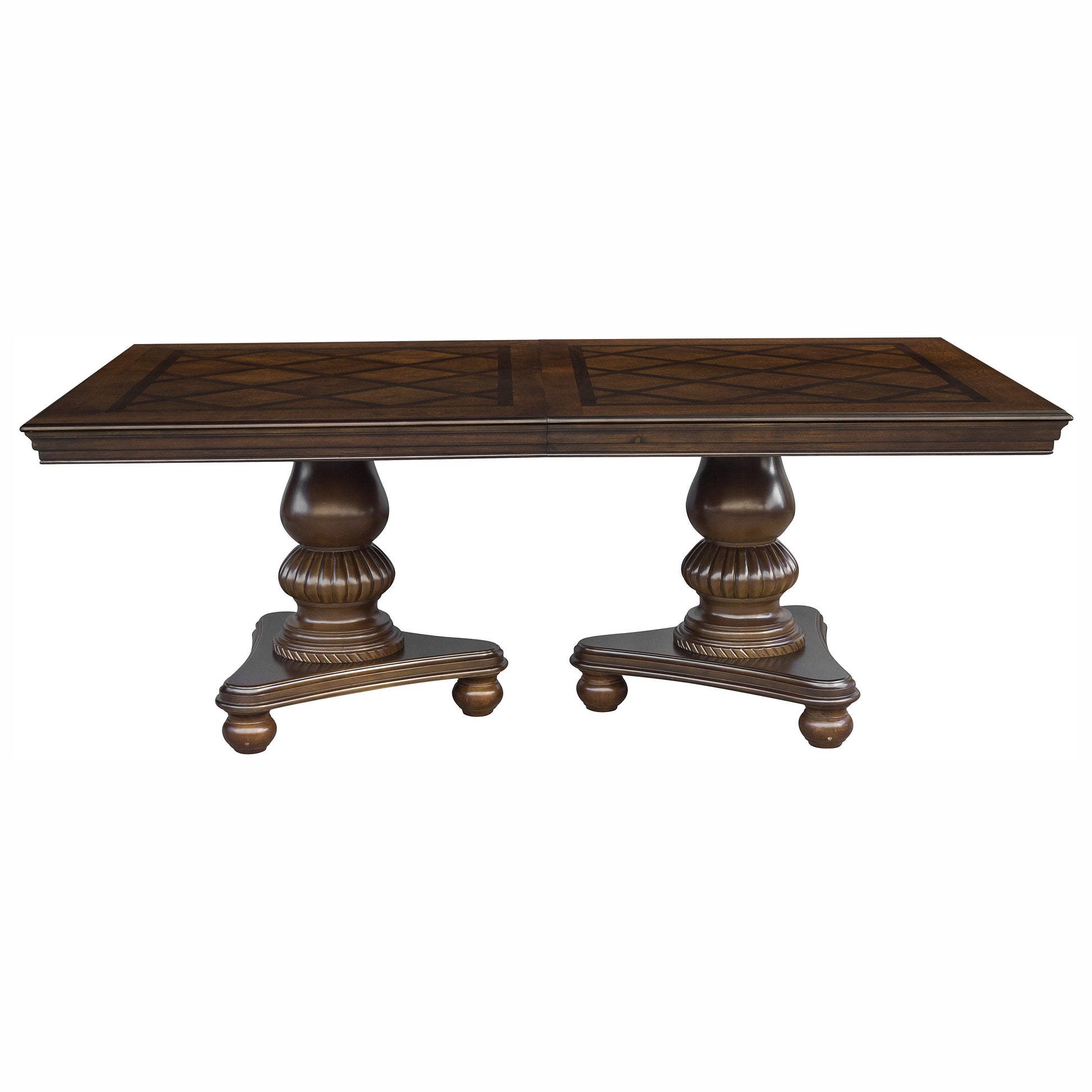 Dark brown pedestal dining table with inlaid diamond pattern on tabletop