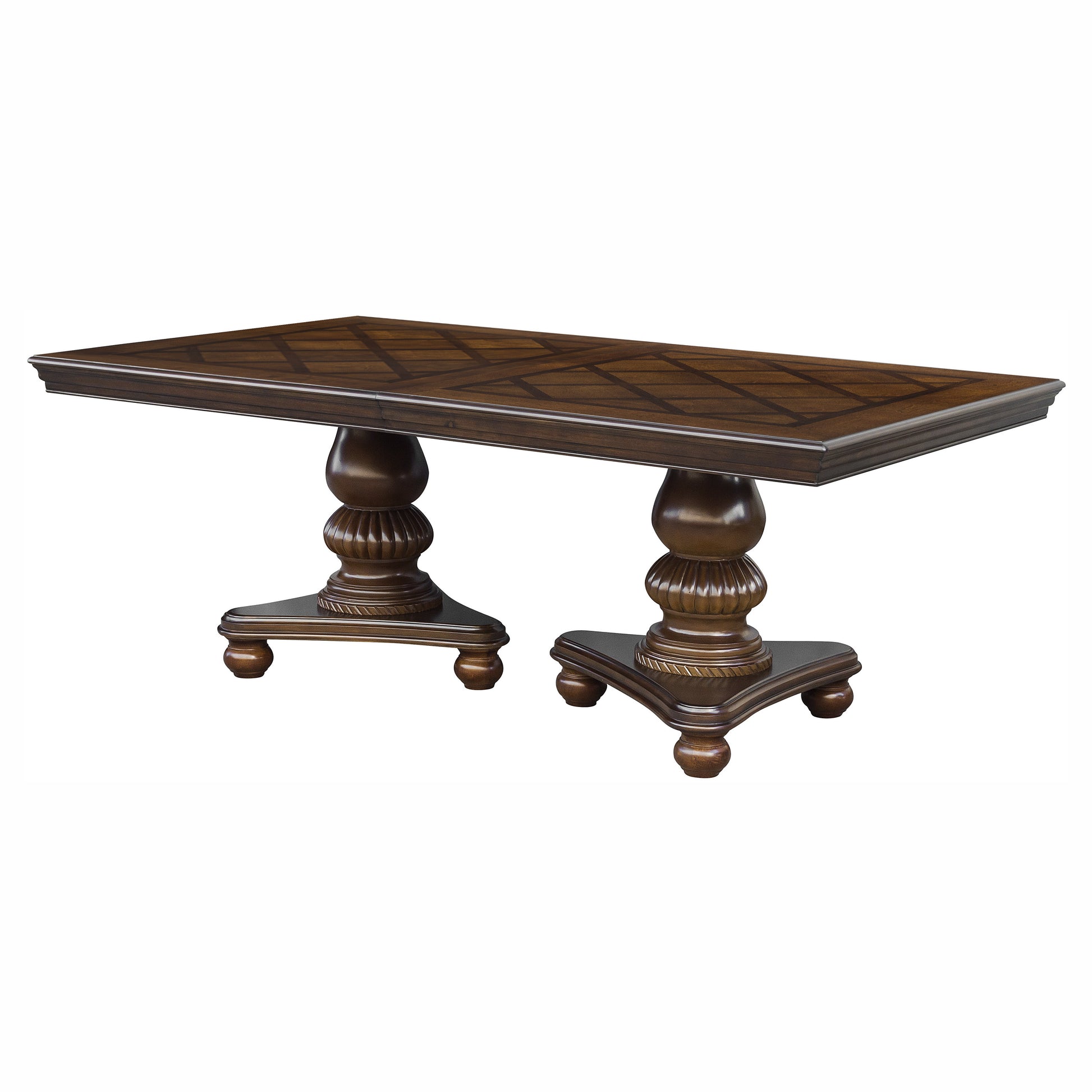 Dark wood dining table with pedestal bases and geometric inlay