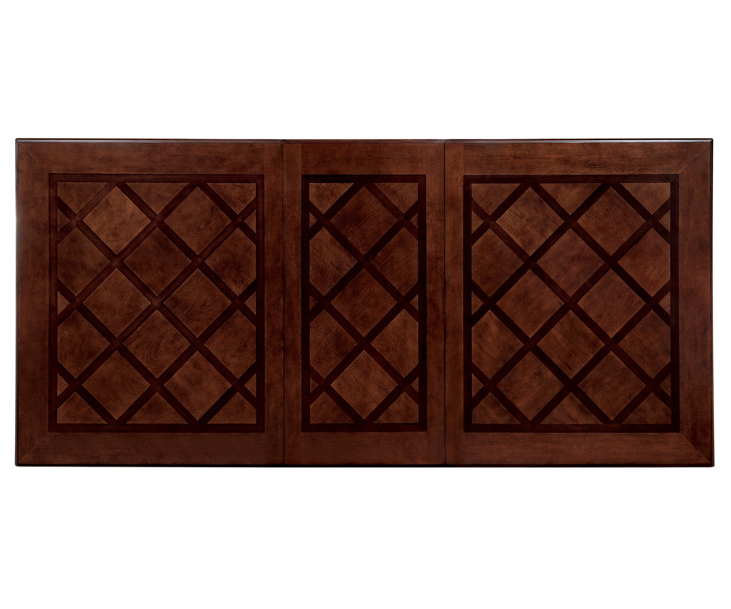 Dark wood dresser top with three diamondpatterned drawer fronts