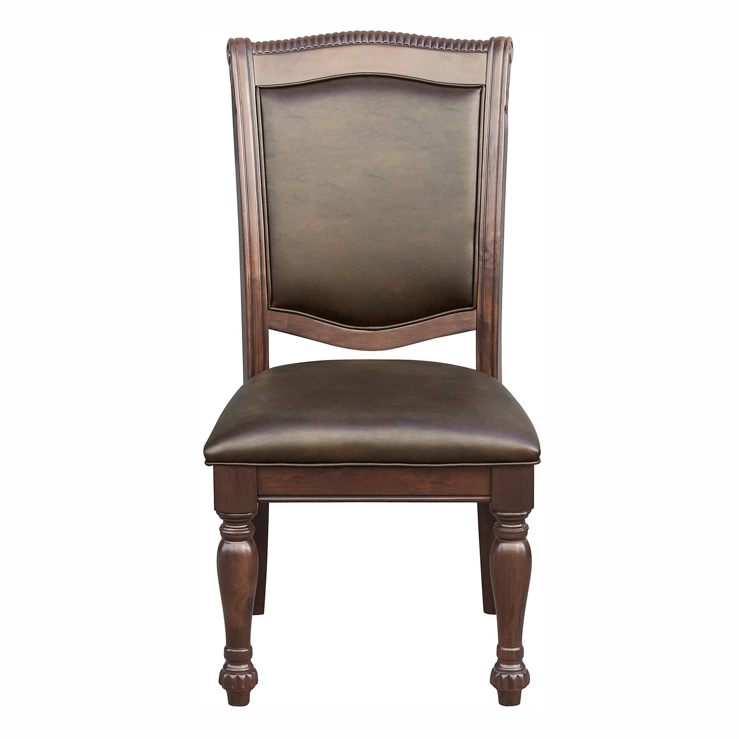 Dark brown faux leather dining chair with carved wooden frame and decorative legs
