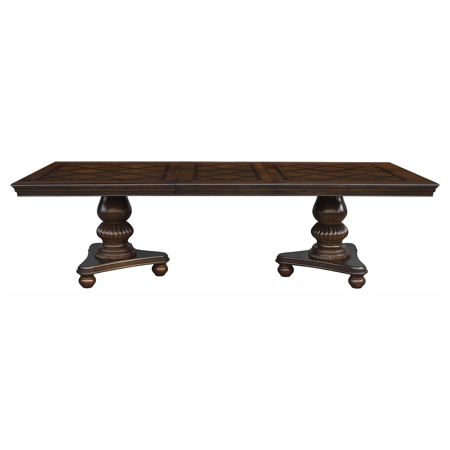 Dark brown extension dining table with ornate pedestal bases