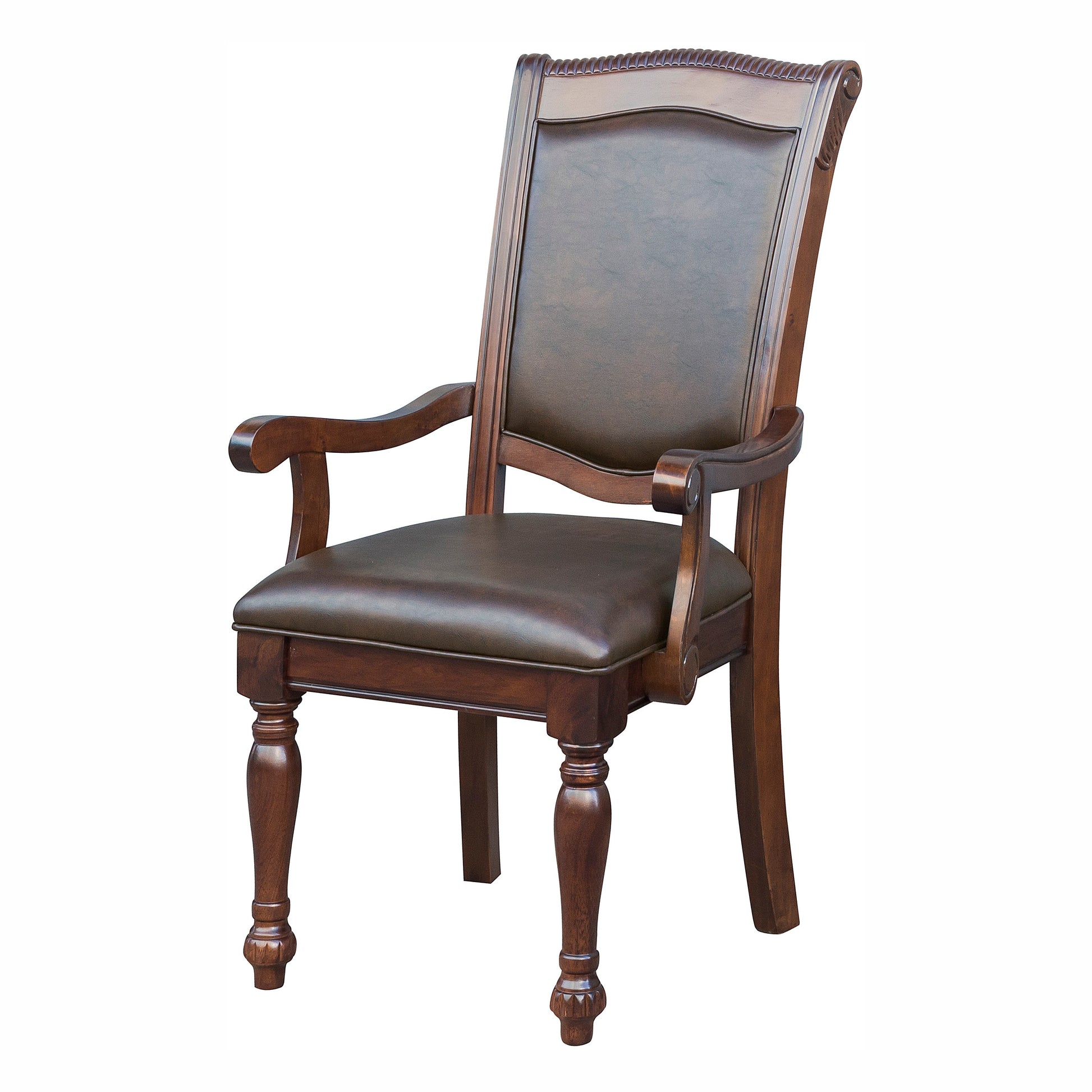 Dark brown leather upholstered armchair with carved dark wood frame and ornate legs