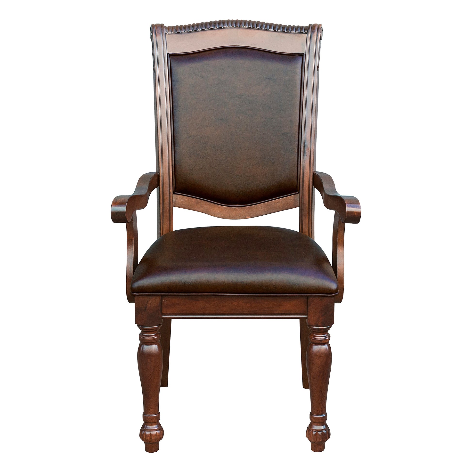 Dark brown leather executive chair with carved wood frame