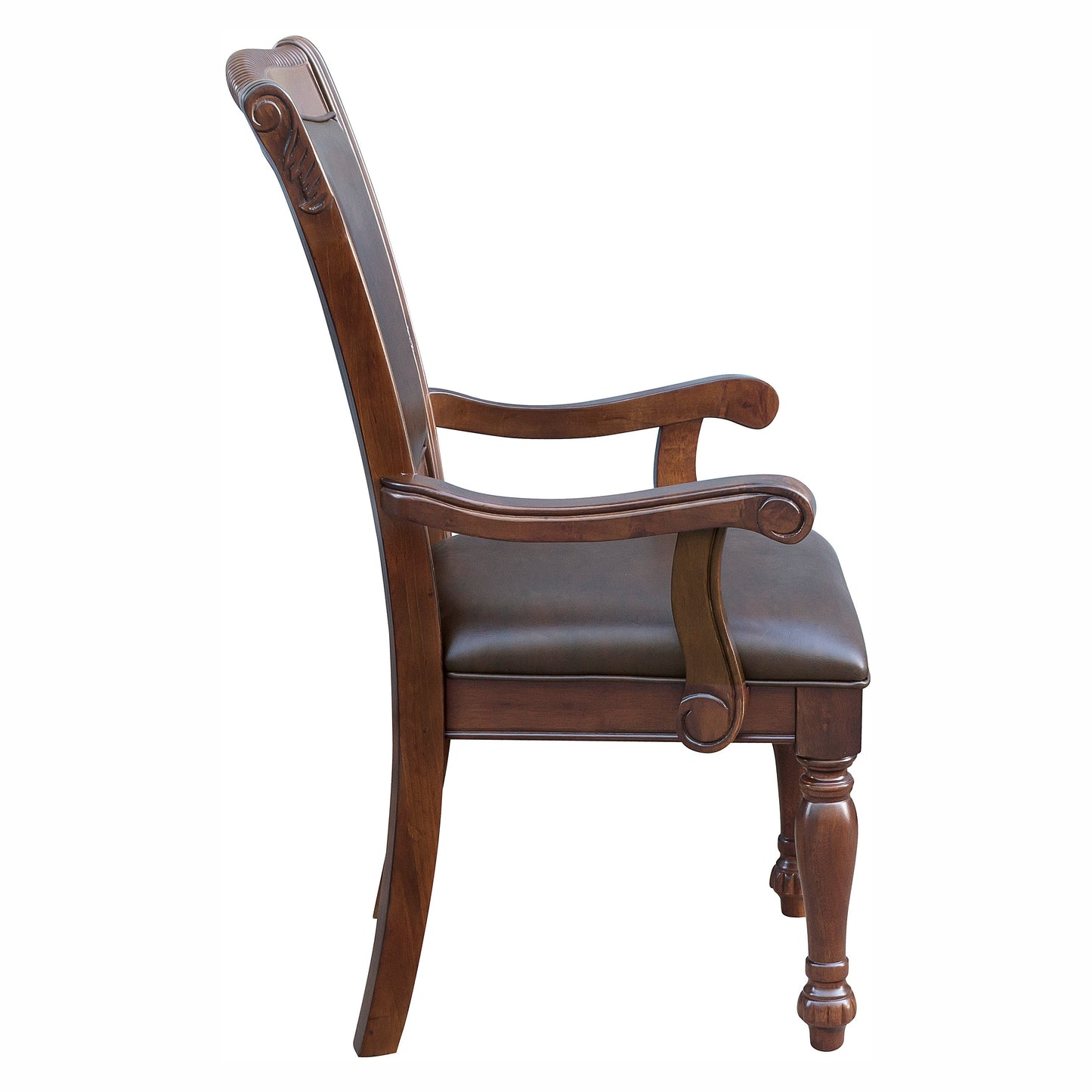 Brown leather armchair with carved wooden arms and legs