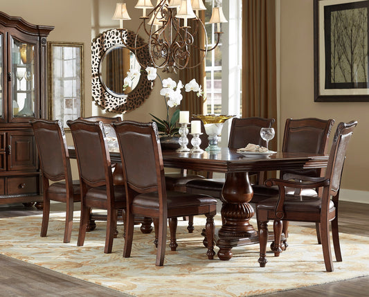 Elegant dark wood dining table with six upholstered chairs