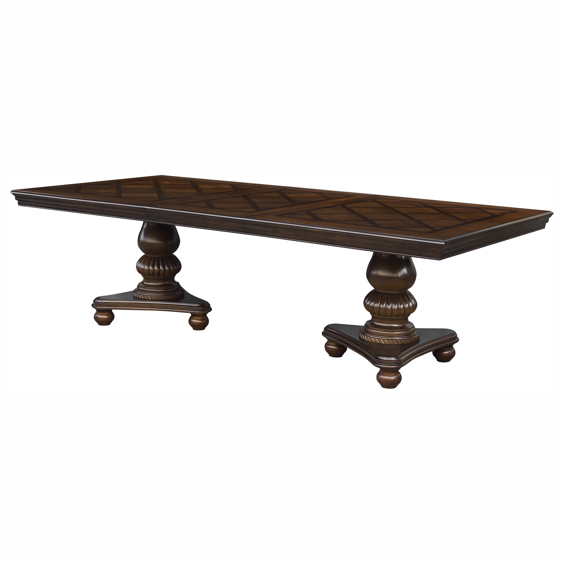 Ornate dark wood dining table with patterned inlay and carved pedestal legs