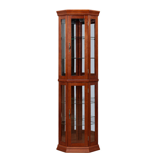 Cherry wood corner display cabinet with glass doors and shelves
