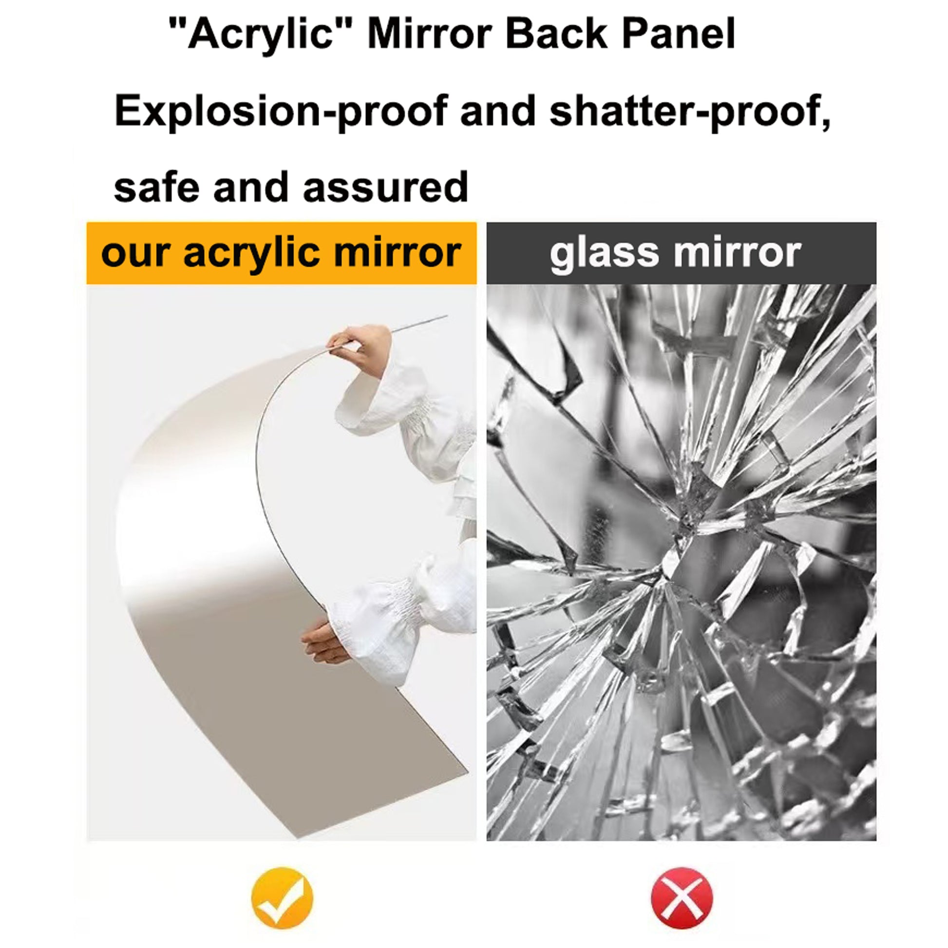 Flexible shatterproof acrylic mirror panel shown being bent by a hand