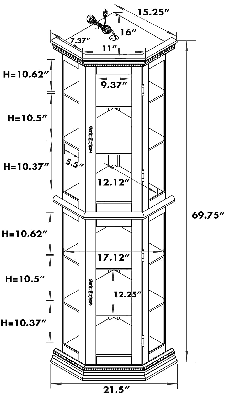 Diagram of a sixshelf hexagonal curio cabinet with dimensions labeled