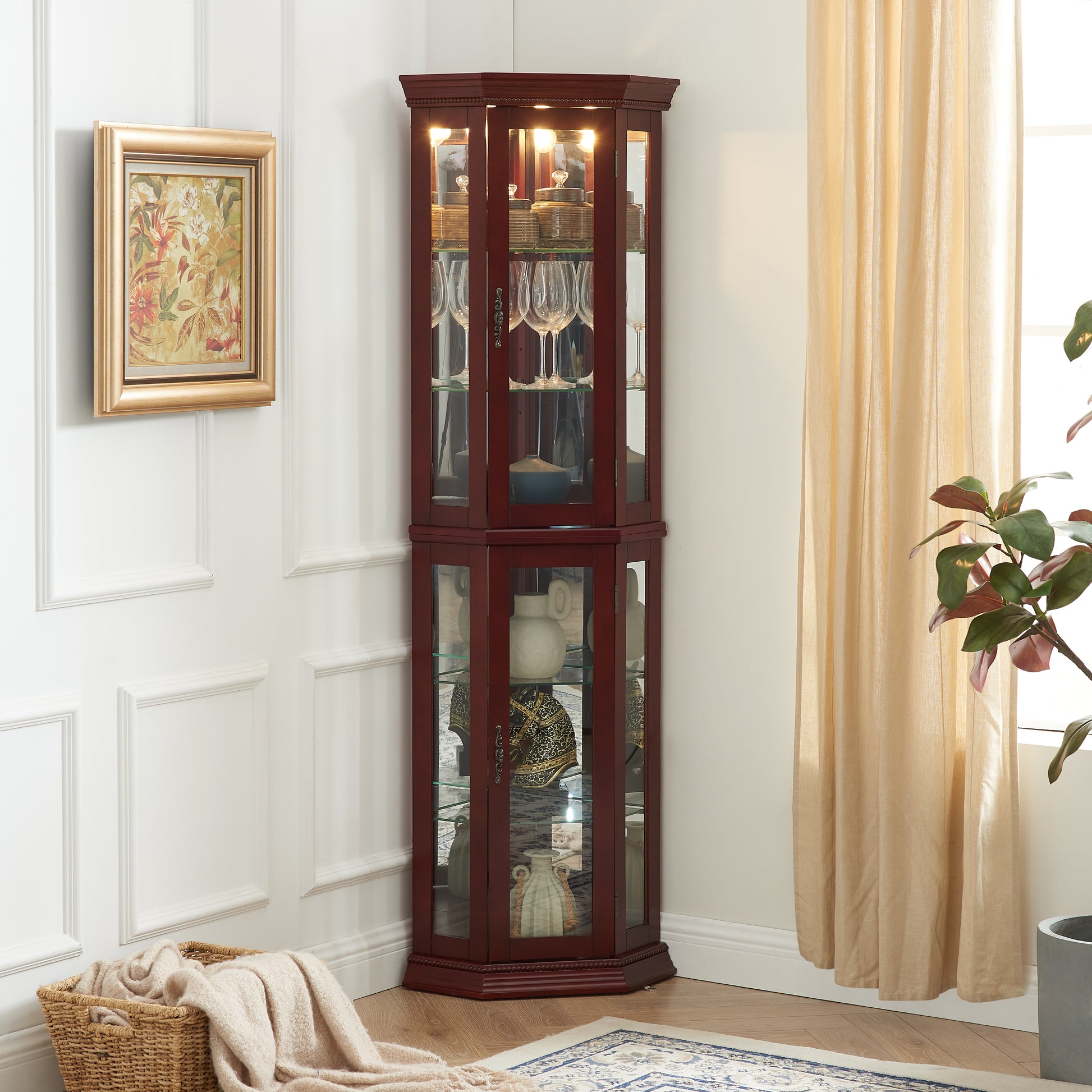 Antique cherry wood corner curio cabinet with glass shelves and interior lighting