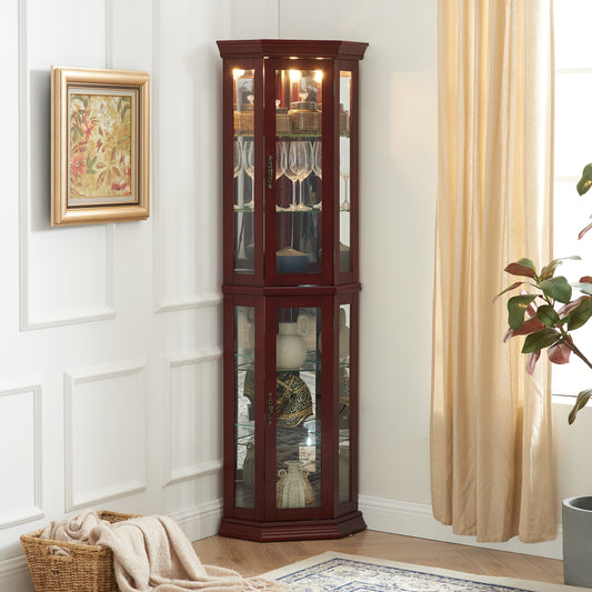 Antique cherry wood corner curio cabinet with glass shelves and interior lighting