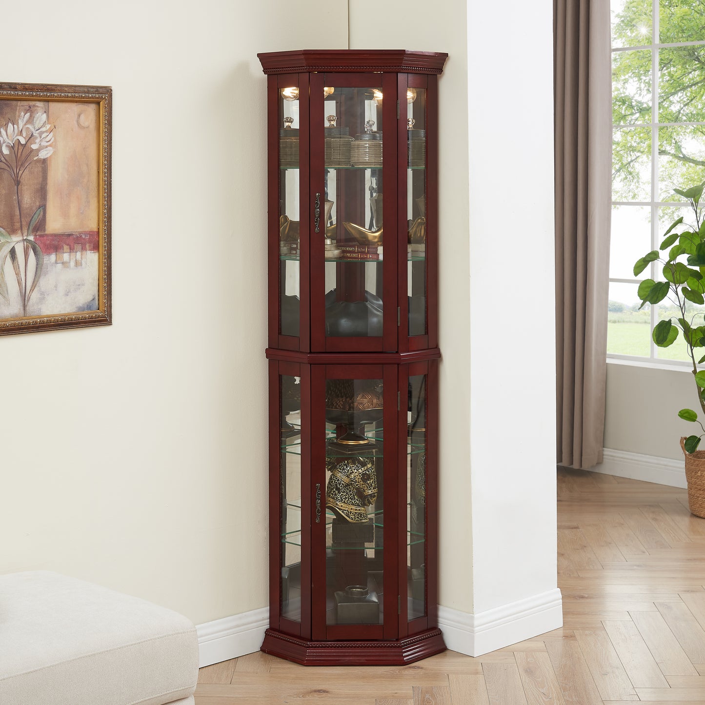 Cherry wood corner curio cabinet with glass shelves and interior lighting