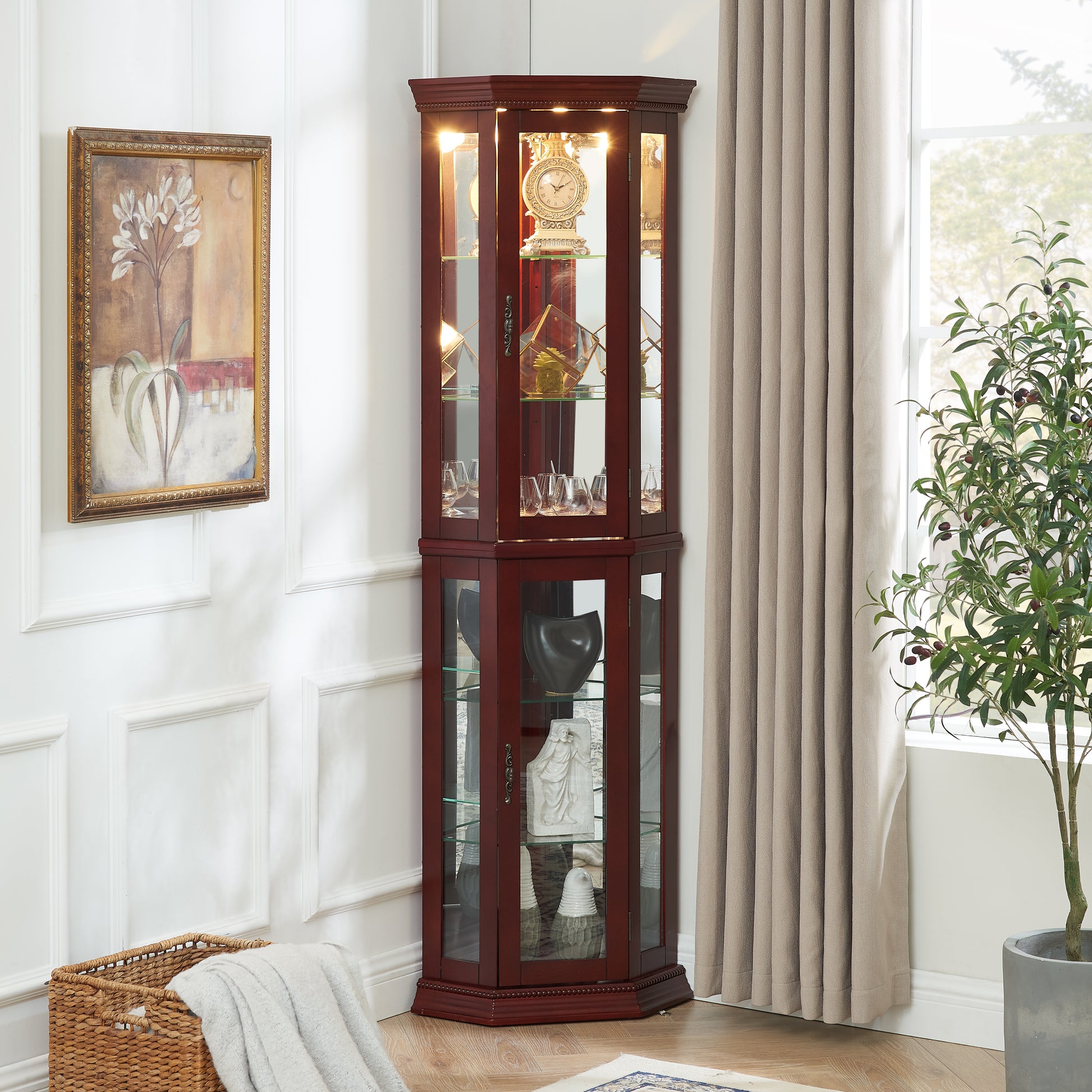Mahogany wood corner display cabinet with glass shelves and antique clock