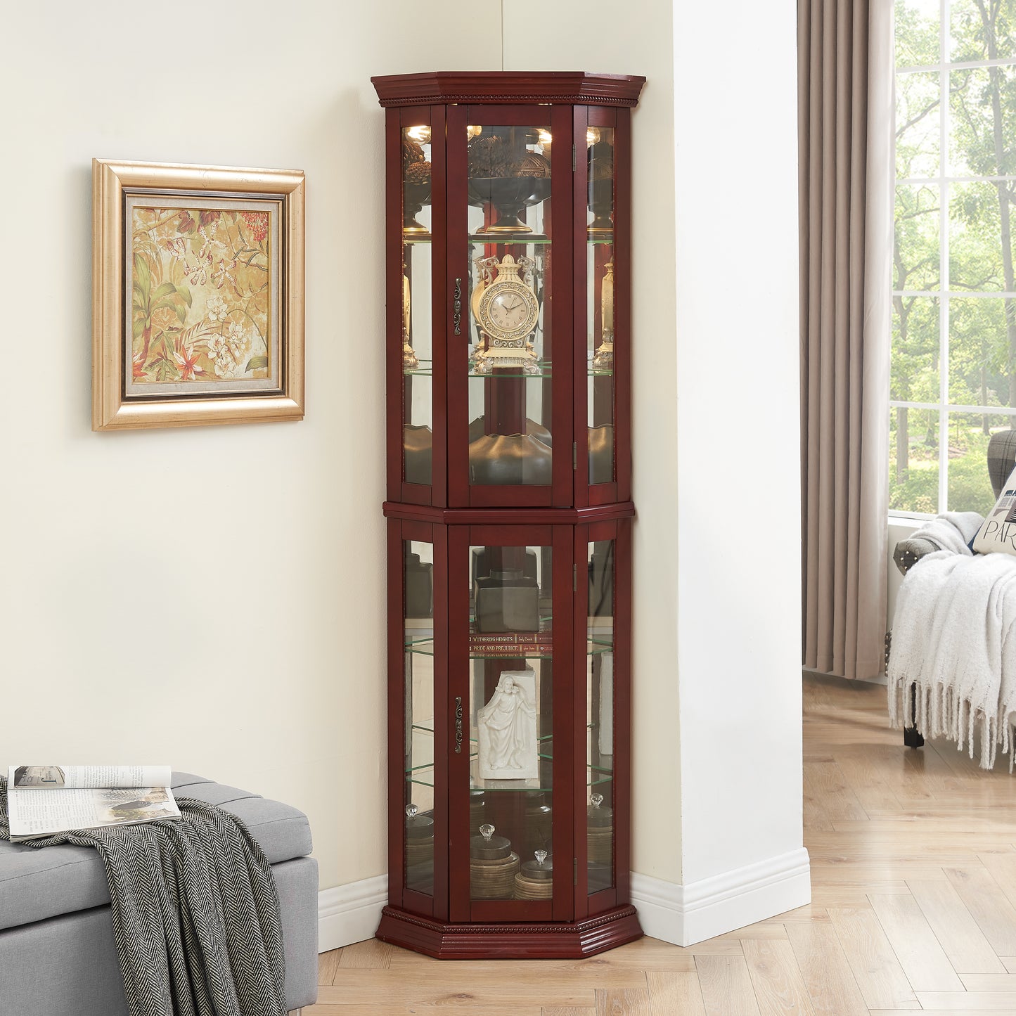 Cherry wood lighted corner curio cabinet with glass shelves and doors