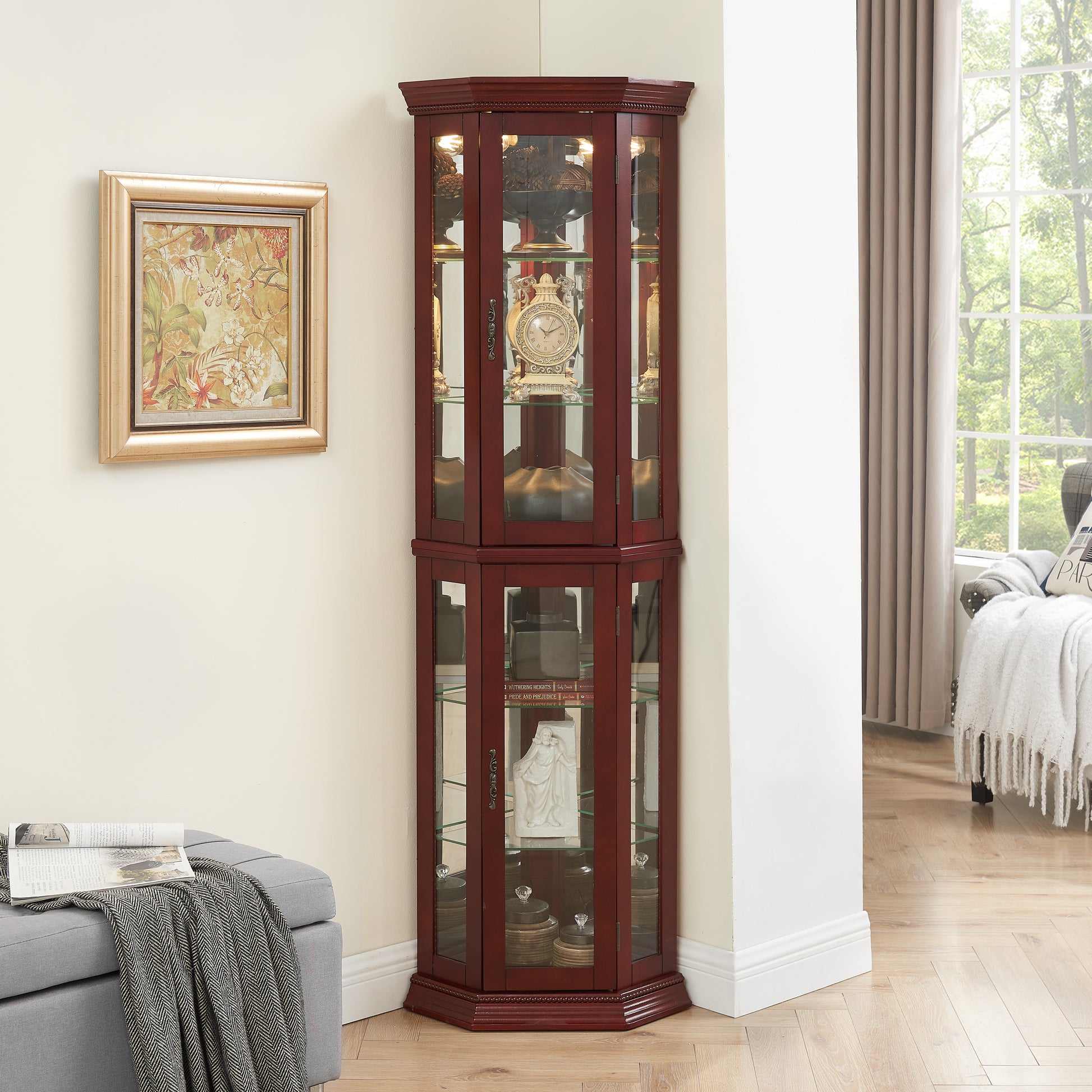 Cherry wood lighted corner curio cabinet with glass shelves and doors