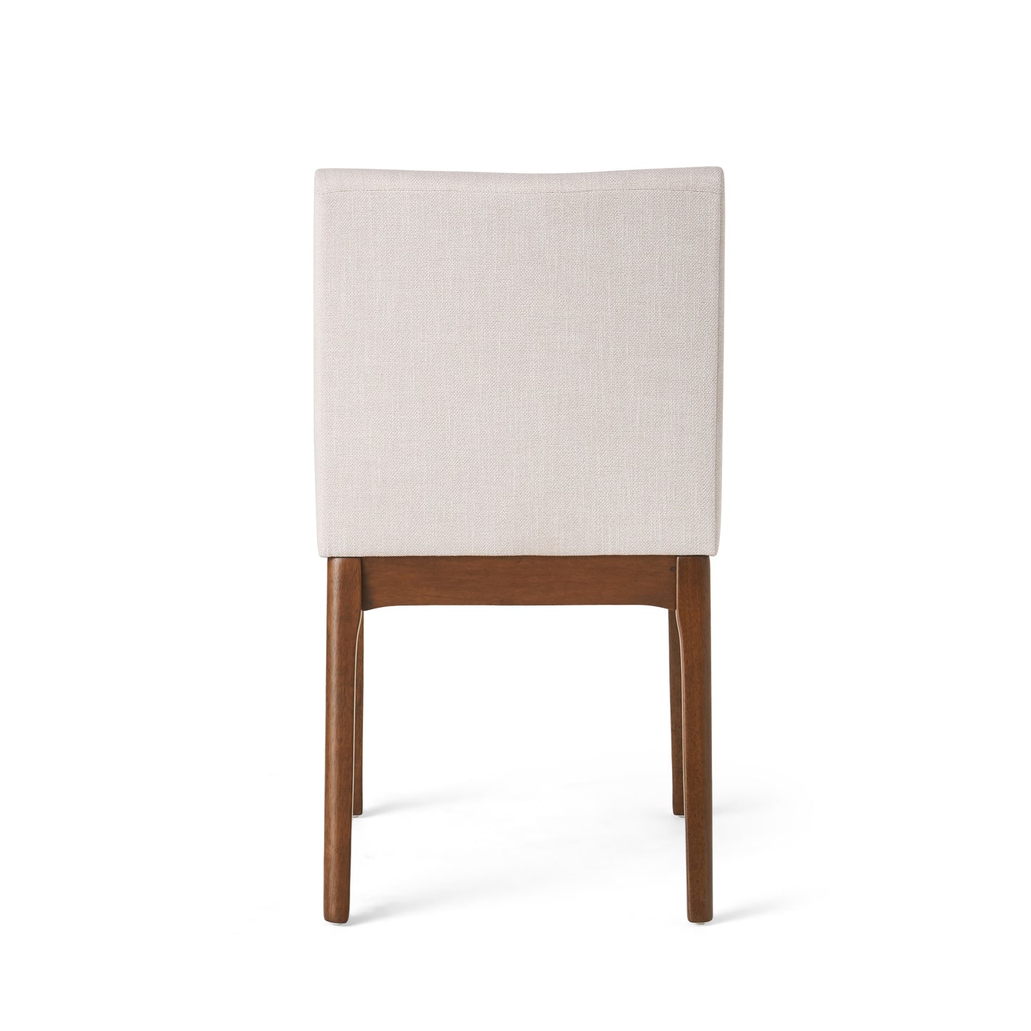 Textured beige upholstered dining chair with dark wood legs