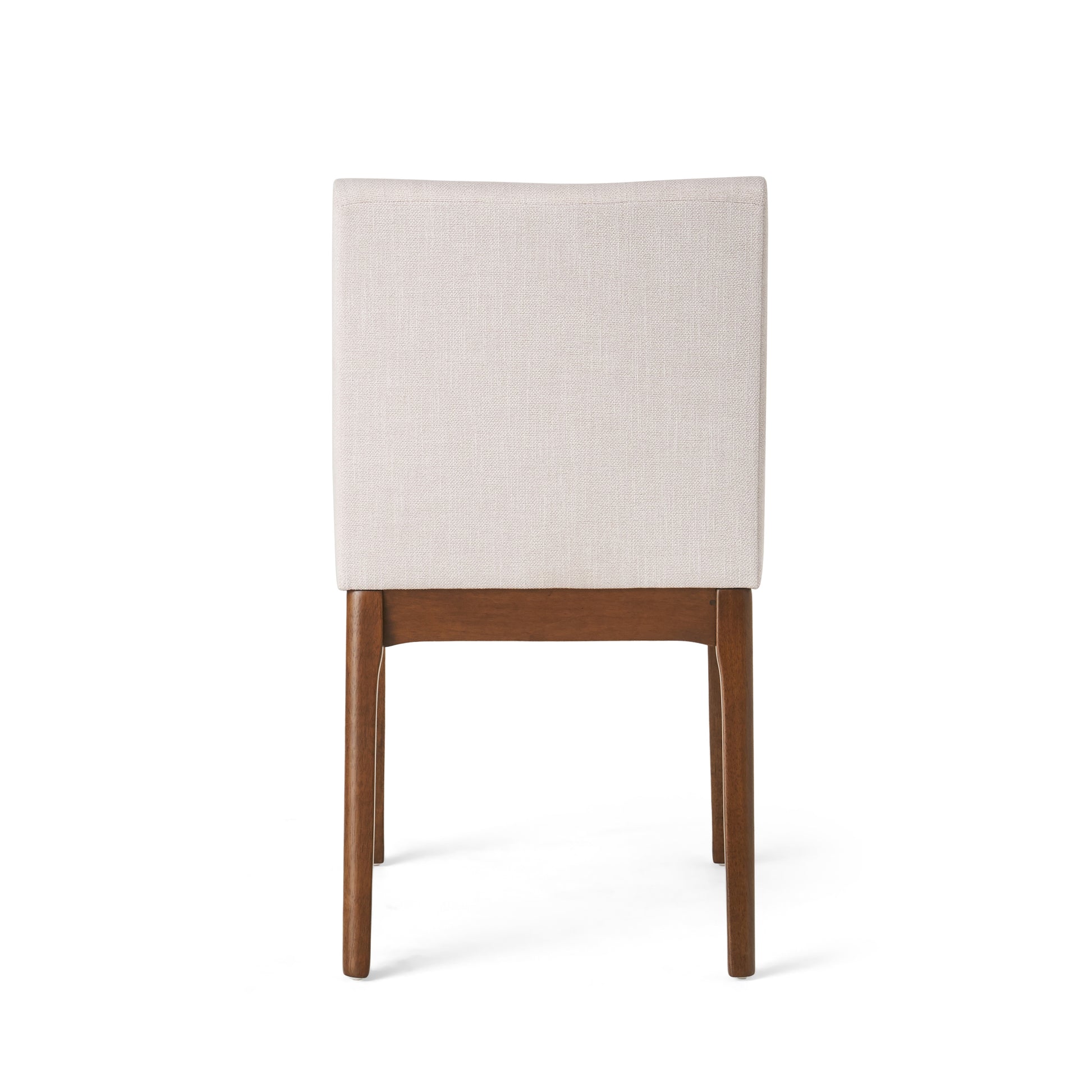Textured beige upholstered dining chair with dark wood legs