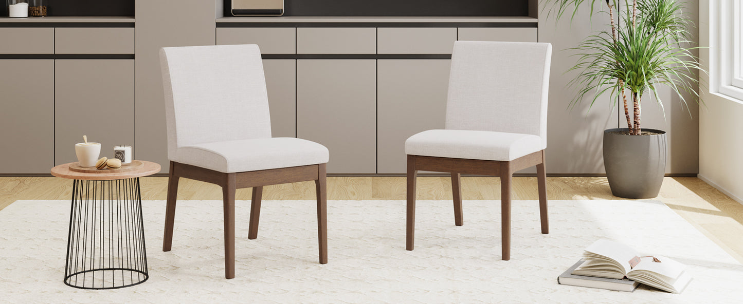 Upholstered dining chair with light beige fabric and dark wood legs