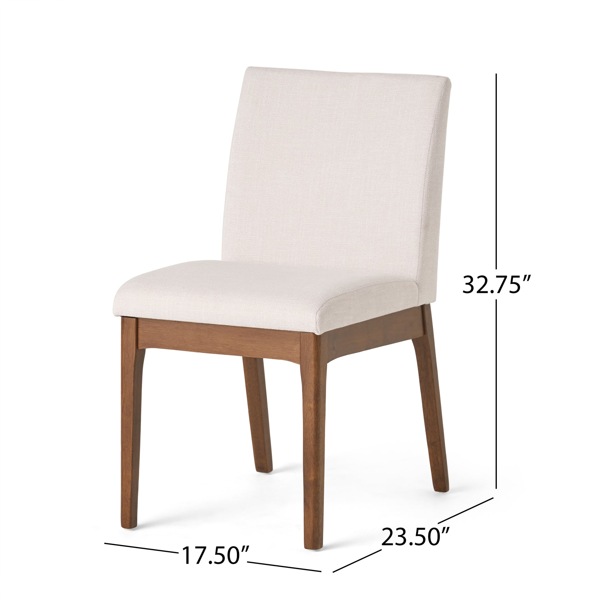 Modern upholstered dining chair with light beige fabric and solid wood legs