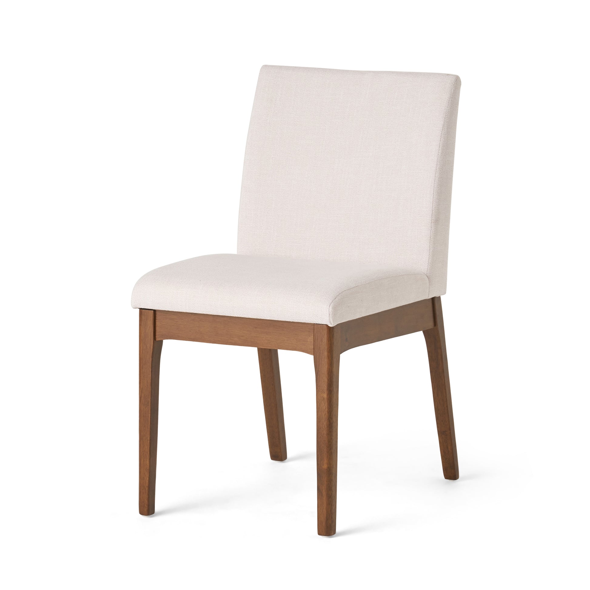 Cream upholstered dining chair with a warm wood frame