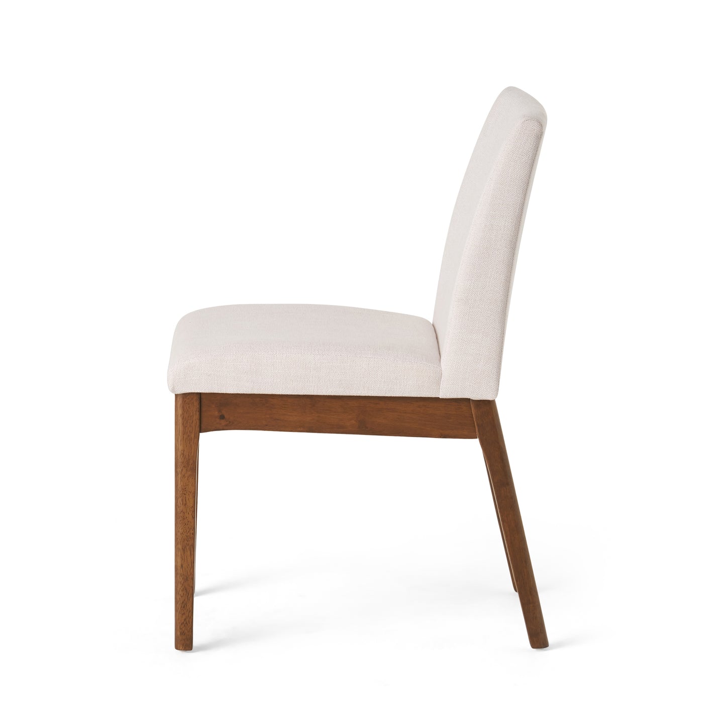 Side view of a light beige upholstered dining chair with walnut finished legs