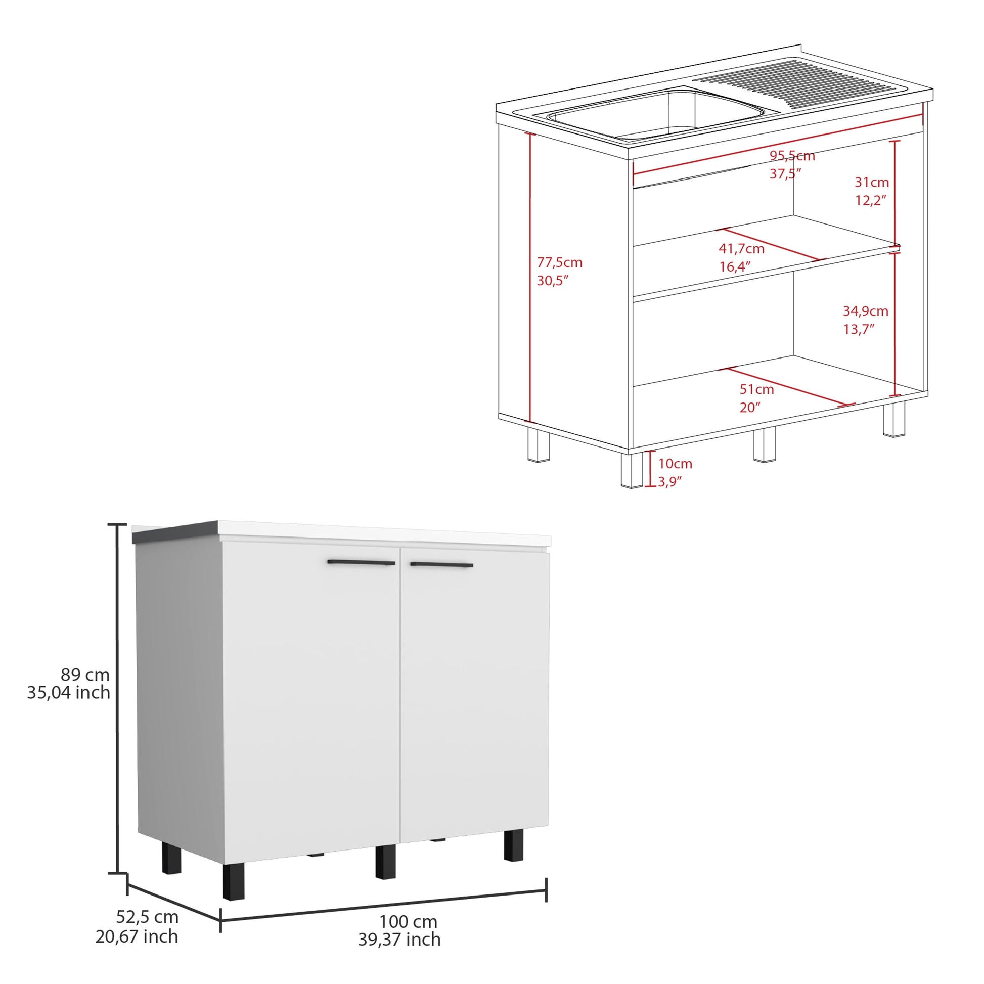 White twodoor cabinet with modern black handles cm width for home storage