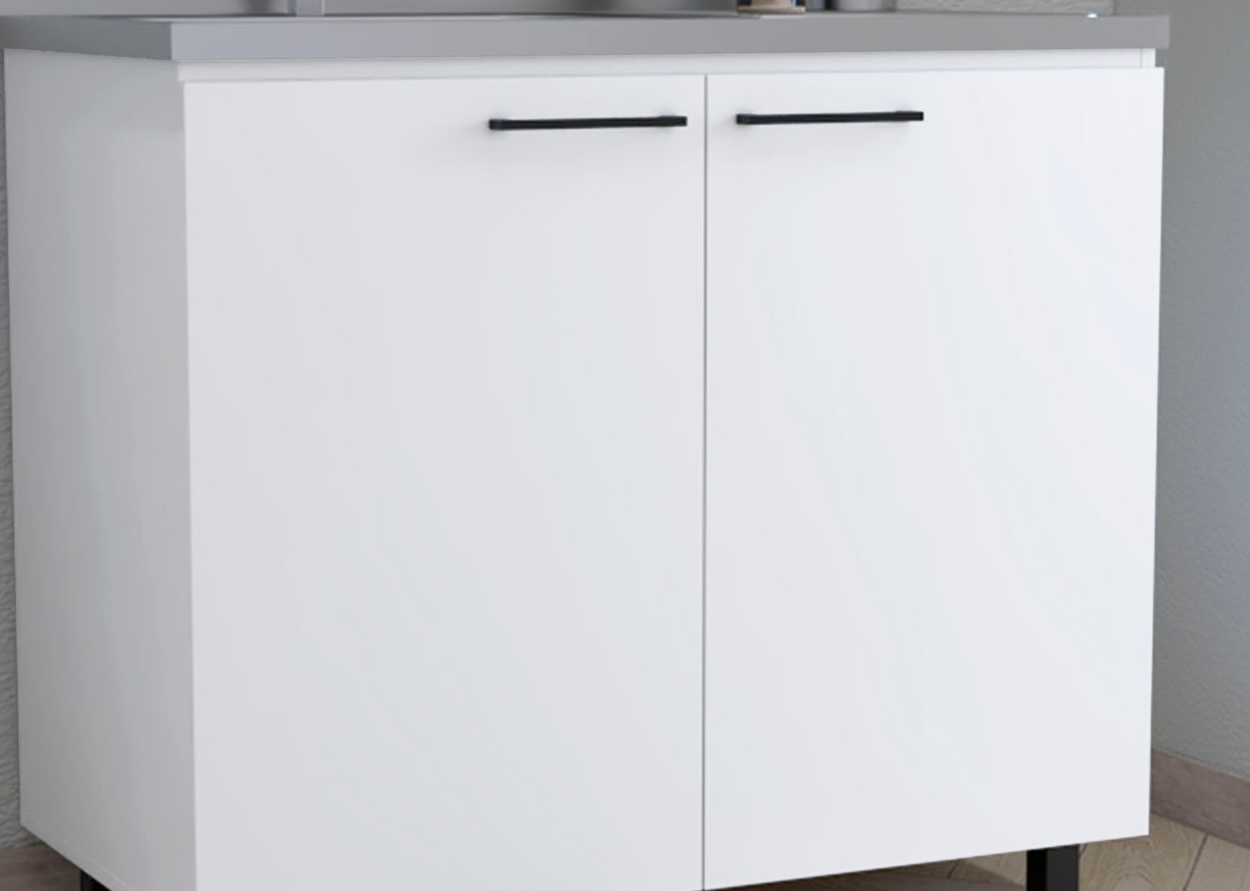 White twodoor bathroom vanity with modern black bar pulls and a grey countertop
