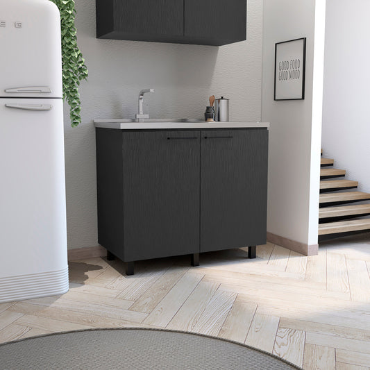TREATLIFE HOME Utility Sink with Cabinet and Stainless Steel Countertop, Interior Shelf for Organization, Black Finish