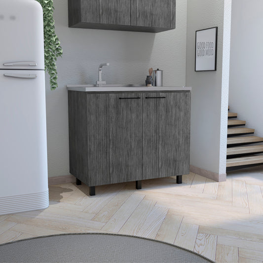 Gray wood grain twodoor kitchen base cabinet with stainless steel sink and faucet