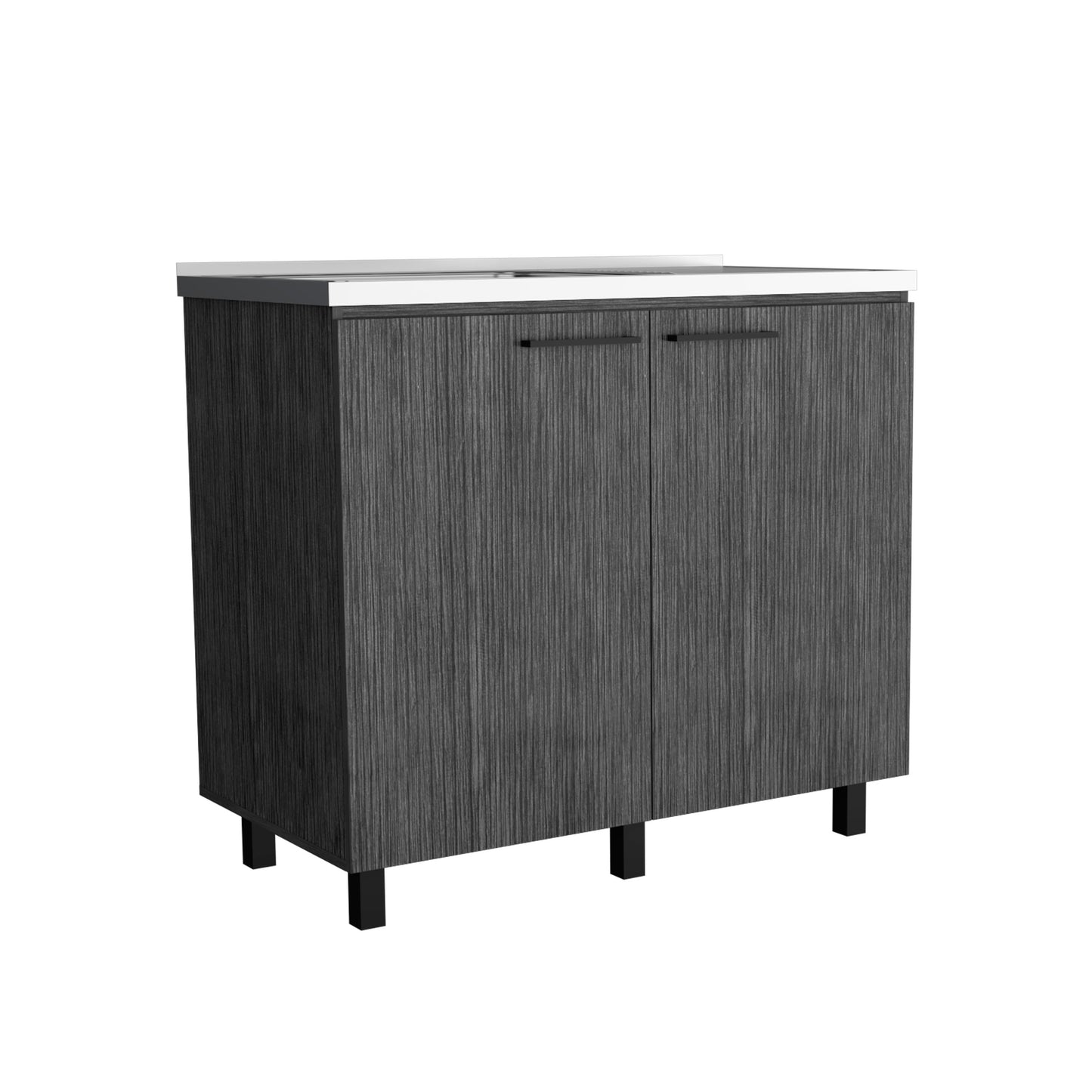 Dark gray woodgrain bathroom vanity with white countertop and black modern handles