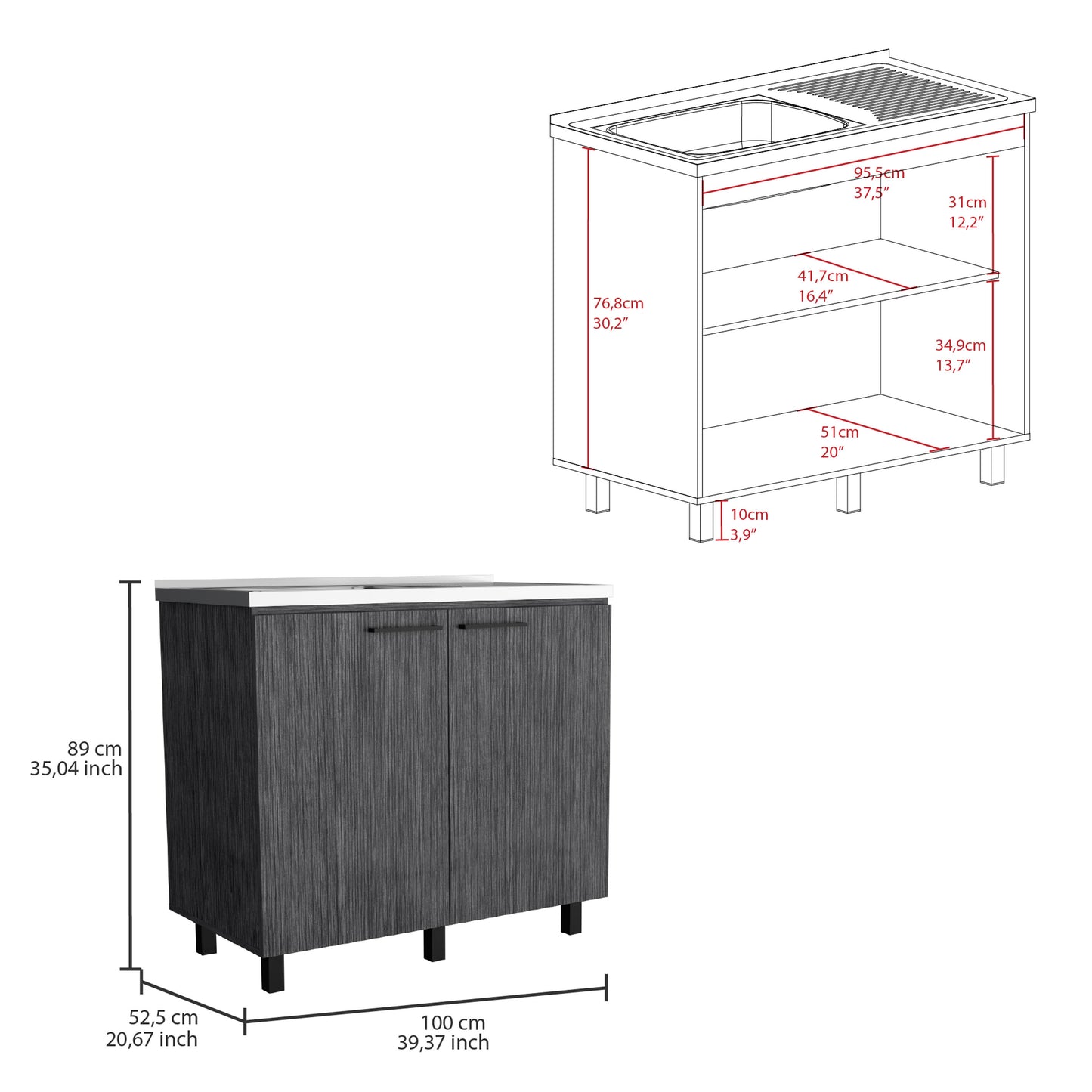 Gray wood grain bathroom vanity with two doors and stainless steel handles