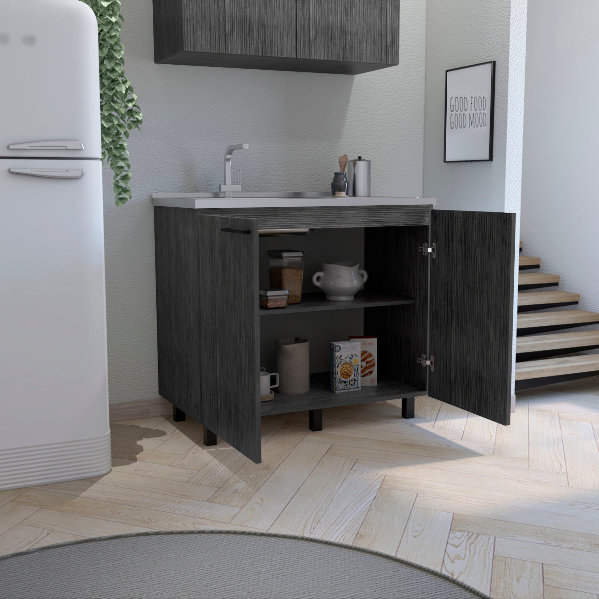 Dark grey wood kitchen cabinet with open doors and shelves