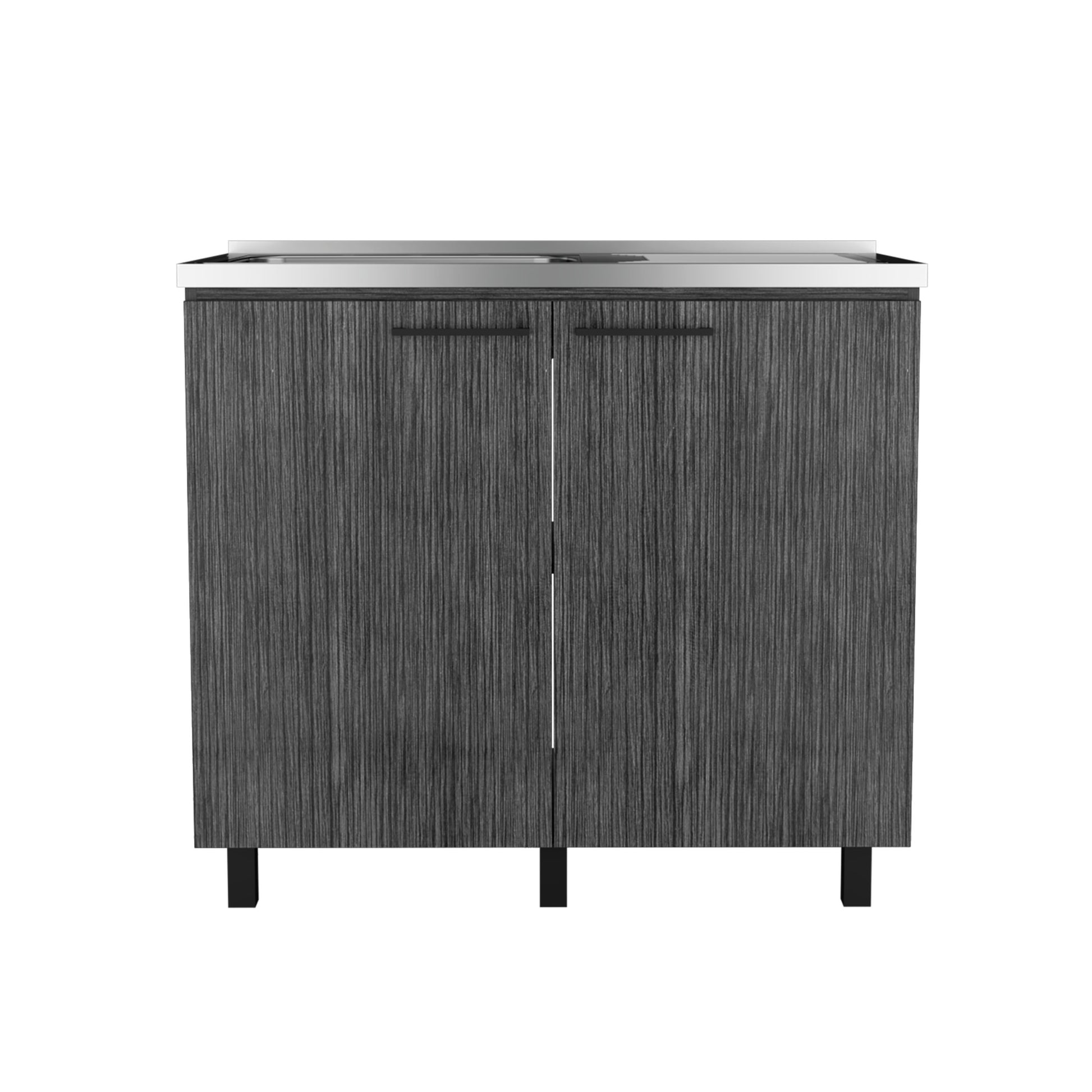 Dark wood grain cabinet with stainless steel top and black handles