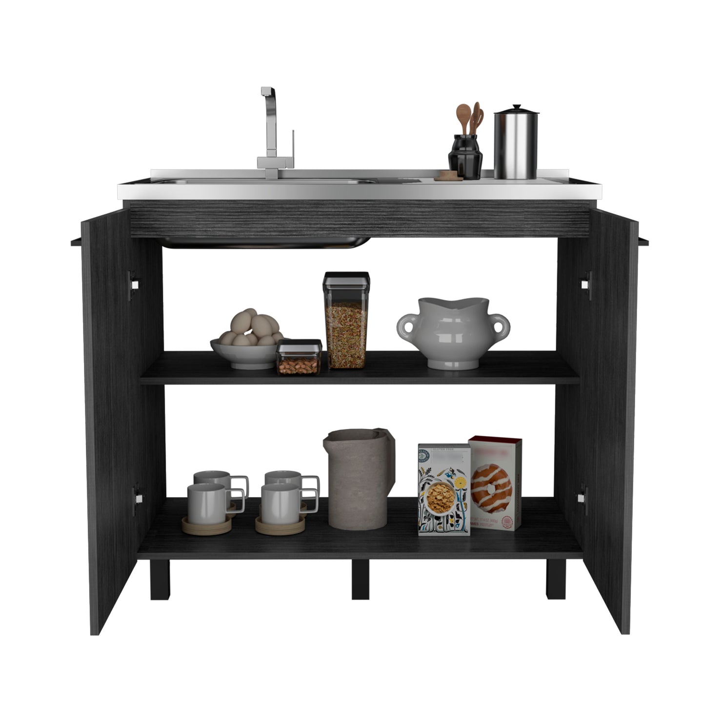 Dark wood kitchen cart with integrated sink and faucet