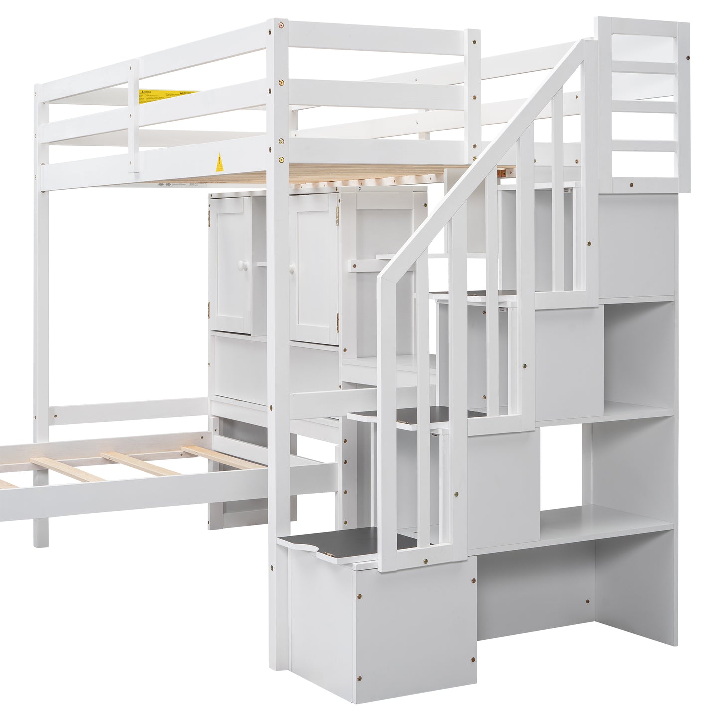 White wooden loft bed with integrated stairs